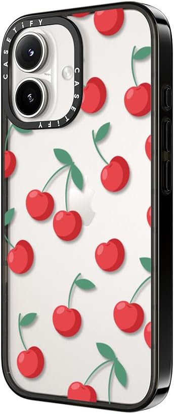 Coque compacte CASETify pour iPhone 16 [Légère, 2 x 4 pieds, protection contre les chutes de qualité militaire/fine] - Cerises - Noir transparent
