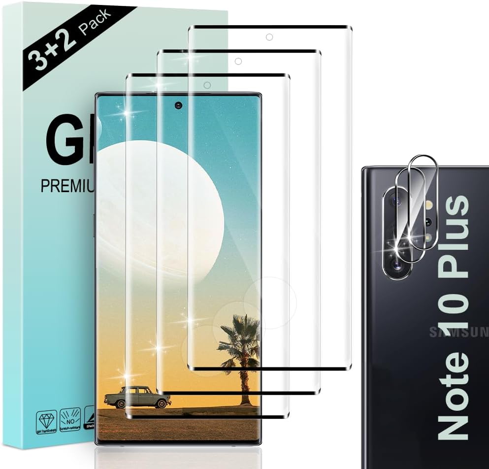 3 2 Pack Galaxy Note 10 Plus Tempered Glass With Camera Lens Protector 9H Hardness 3D Curved Clear Screen Supports Fingerprint Unlocking Suitable For Samsung Galaxy Note 10 Plus Screen Protector 6.8 Inches