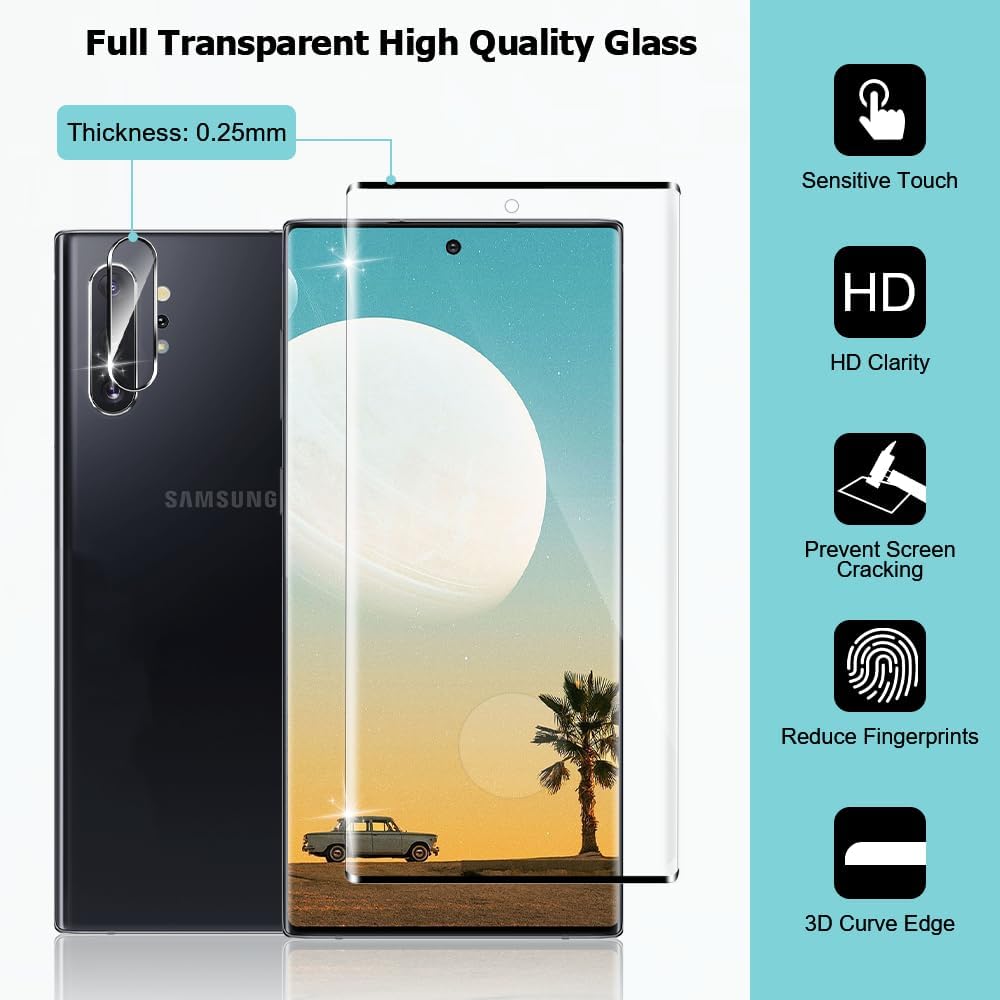 3 2 Pack Galaxy Note 10 Plus Tempered Glass With Camera Lens Protector 9H Hardness 3D Curved Clear Screen Supports Fingerprint Unlocking Suitable For Samsung Galaxy Note 10 Plus Screen Protector 6.8 Inches