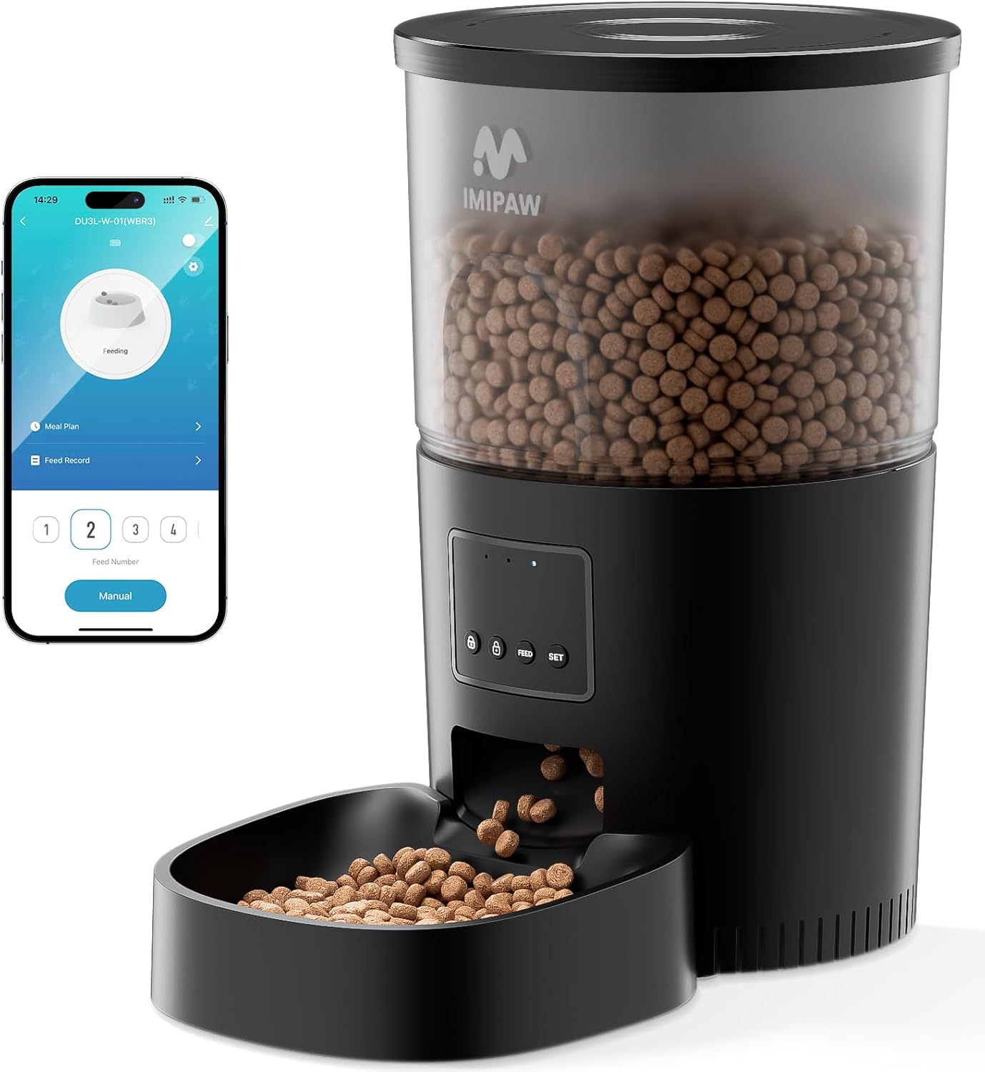Automatic Cat Food Dispenser, WiFi Cat Feeder with APP Remote Control for Dry Pet Food, Programmable Timer, Dual Power Supply, Slow Feeder for Cats  Small Dogs, Black · v2
