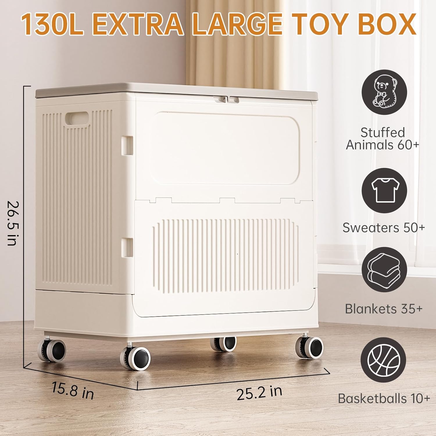 Toy Box for Living Room Area - 130L Extra Large Toy Chest Storage Organizer - Collapsible Sturdy Toy Storage Bins with Lids and Wheels - Kids Toy Box for Boys, Girls, Nursery, Playroom · v4