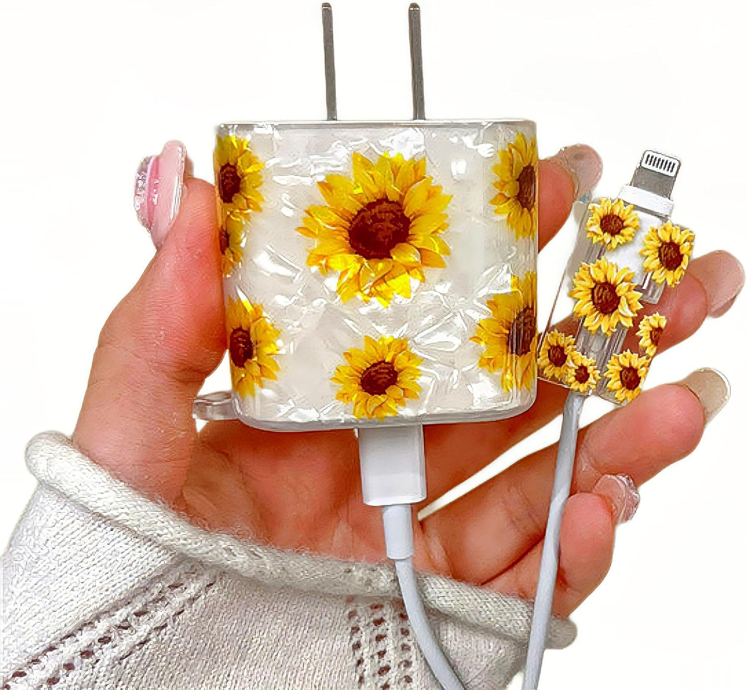 ตัวป้องกันสายเคเบิลลายดอกไม้สุดน่ารักสำหรับอะแดปเตอร์ชาร์จไฟ iPhone 18W/20W พร้อมลายดอกทานตะวัน ซิลิโคนอ่อนนุ่ม ตัวป้องกันสายเคเบิลข้อมูล USB ที่ชาร์จโทรศัพท์ด้วยสายเคเบิลข้อมูลสำหรับ iPhone 8 11 13 14 15 Plus Pro Max