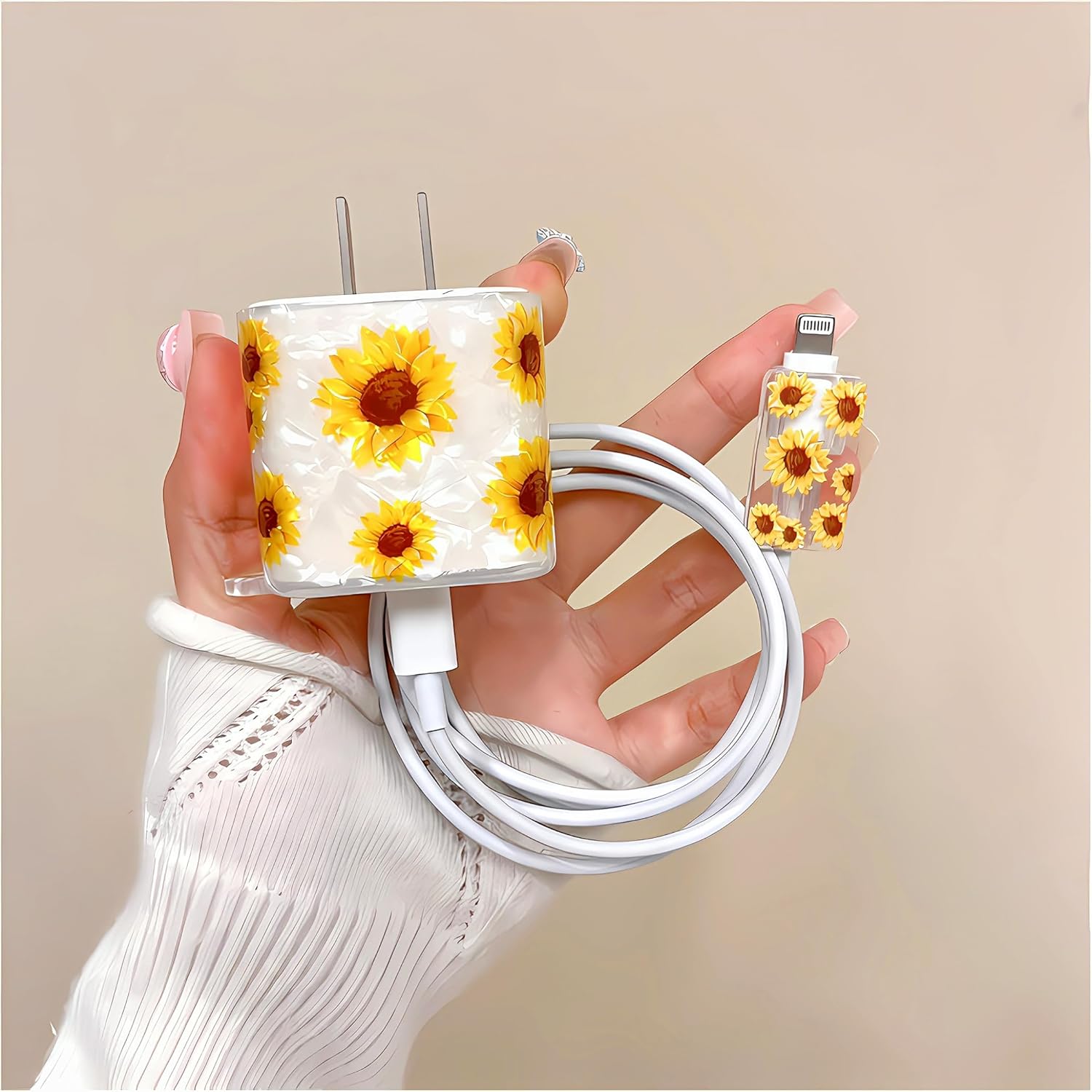 Ayçiçeği Desenli 18W/20W iPhone Şarj Cihazı Güç Adaptörü için Sevimli Çiçek Kablo Koruyucu, Yumuşak Silikon Veri Hattı Kablosu USB Tel Koruyucu, iPhone 8 11 13 14 15 Plus Pro Max için Veri Kablosu Telefon Şarj Cihazı