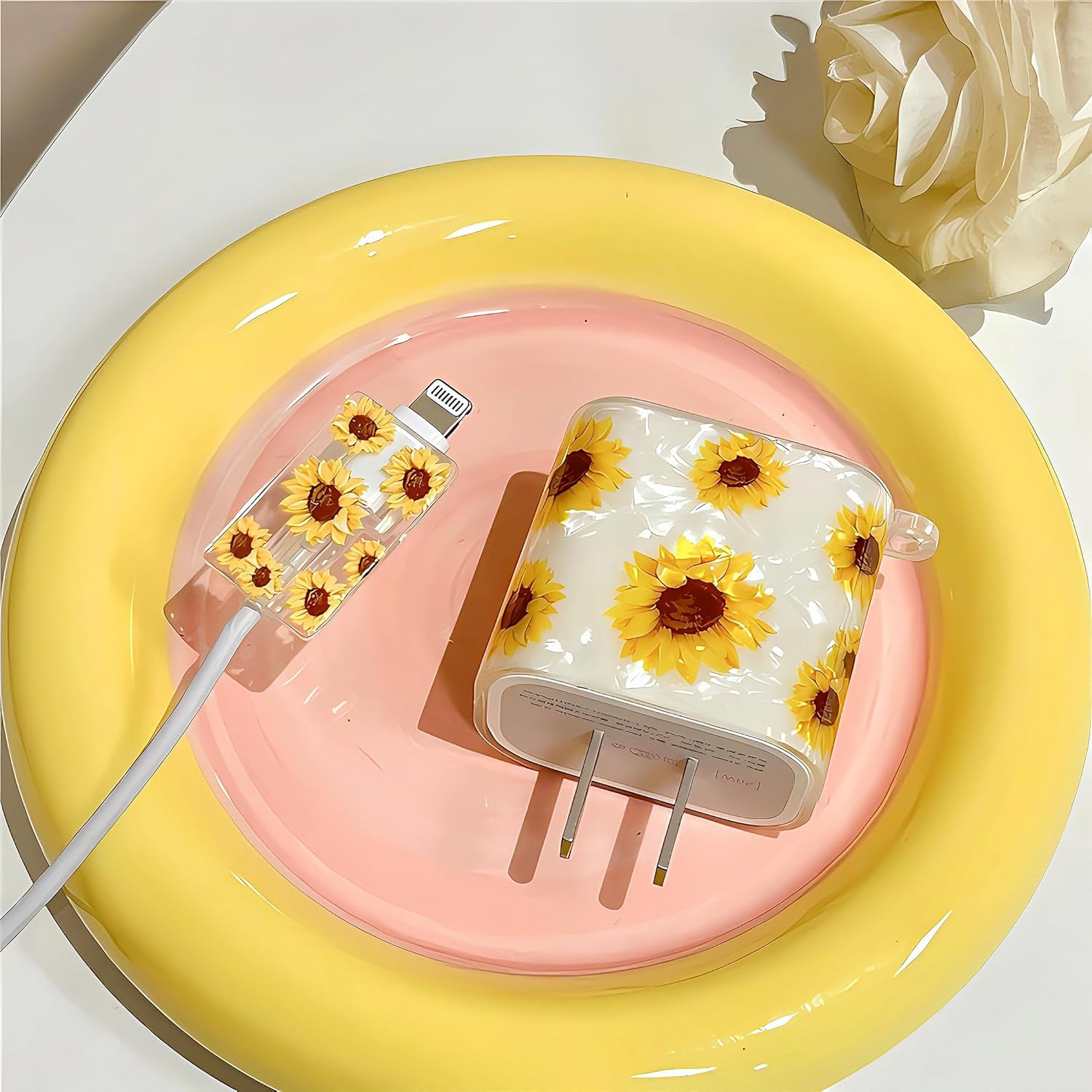 Ayçiçeği Desenli 18W/20W iPhone Şarj Cihazı Güç Adaptörü için Sevimli Çiçek Kablo Koruyucu, Yumuşak Silikon Veri Hattı Kablosu USB Tel Koruyucu, iPhone 8 11 13 14 15 Plus Pro Max için Veri Kablosu Telefon Şarj Cihazı