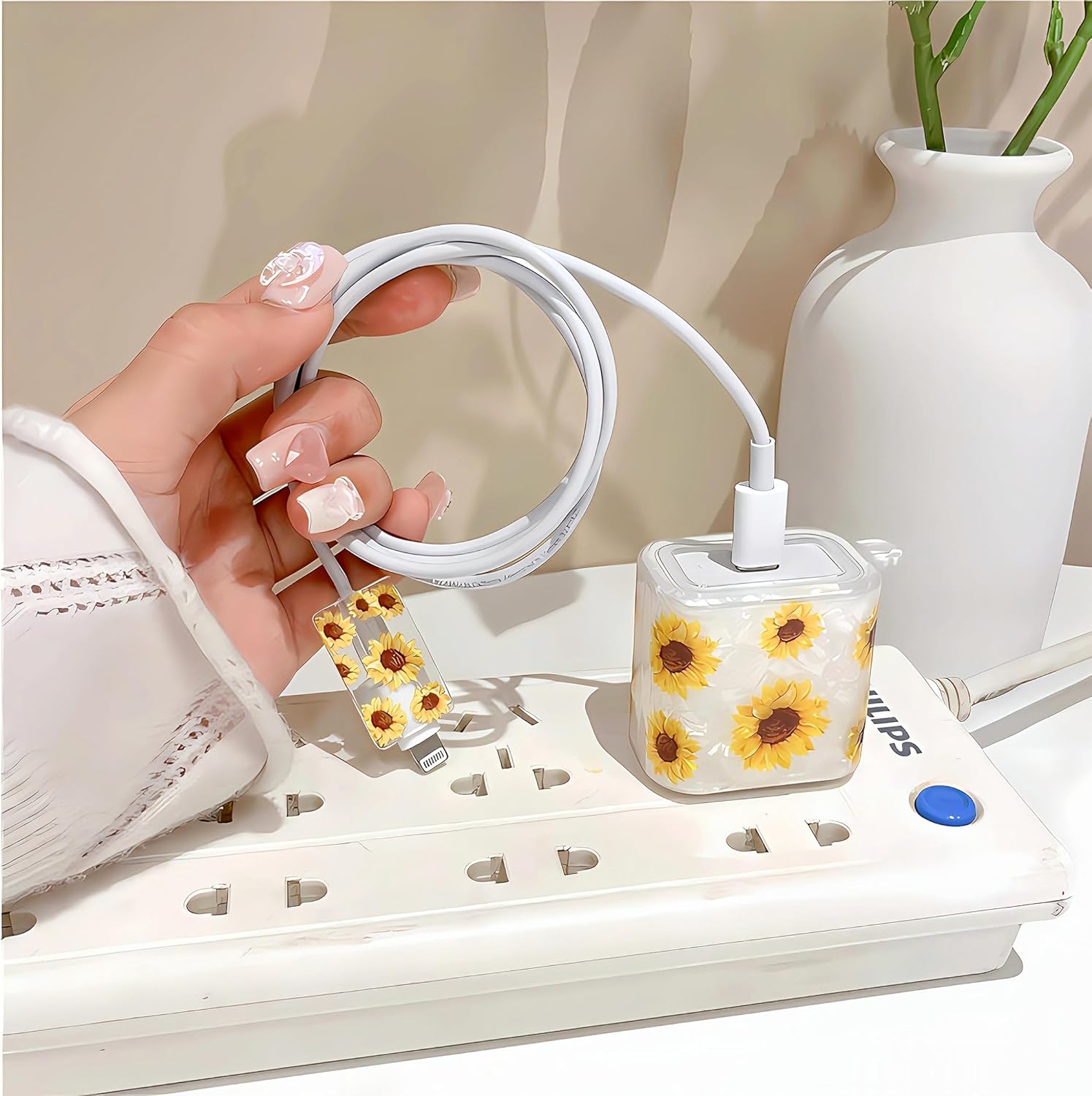 Ayçiçeği Desenli 18W/20W iPhone Şarj Cihazı Güç Adaptörü için Sevimli Çiçek Kablo Koruyucu, Yumuşak Silikon Veri Hattı Kablosu USB Tel Koruyucu, iPhone 8 11 13 14 15 Plus Pro Max için Veri Kablosu Telefon Şarj Cihazı