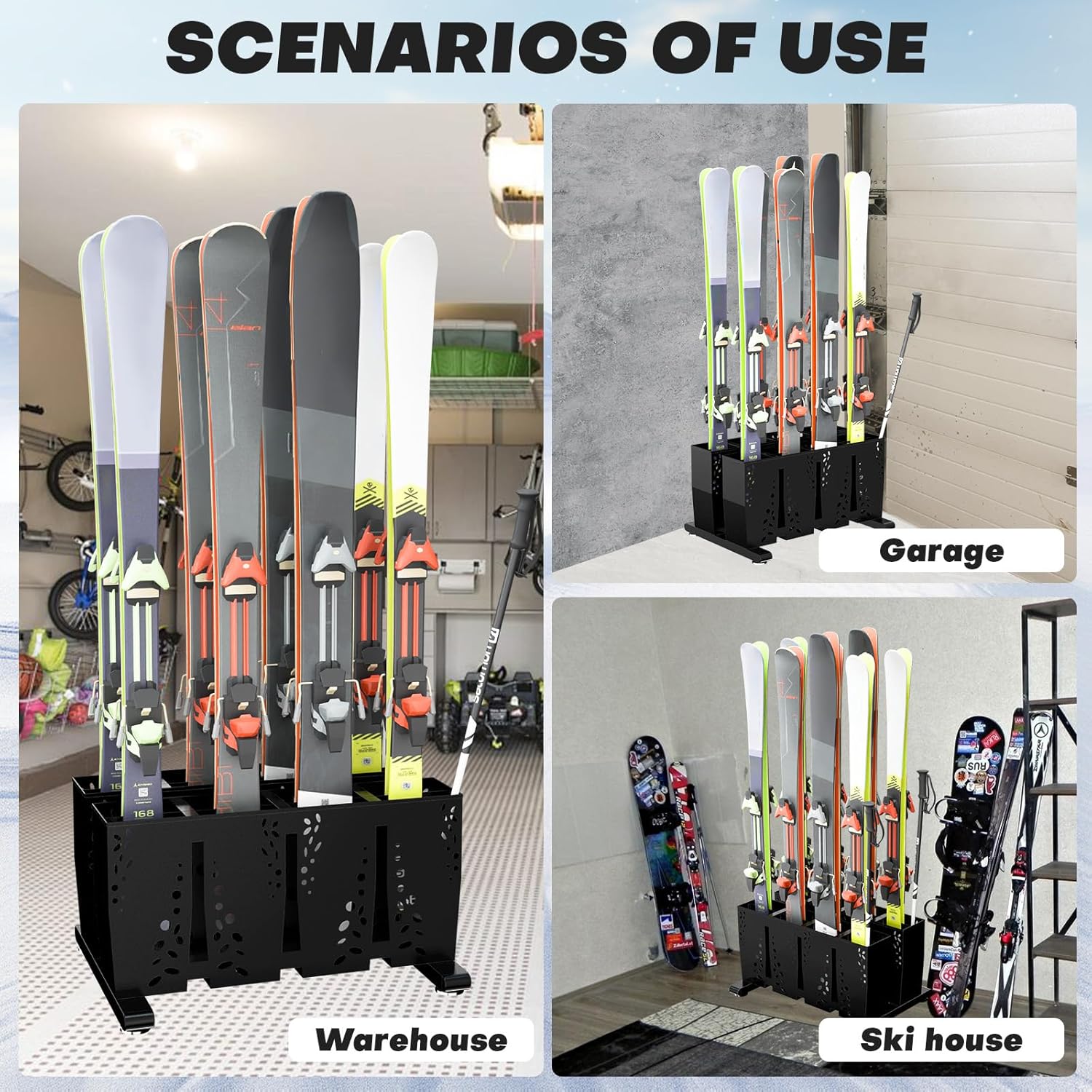 Rak Penyimpanan Ski untuk Garasi, 8 Pasang Pengatur Penyimpanan Ski Berdiri Sendiri dari Baja Tugas Berat, Rak Tempat Penyimpanan Ski Dalam Ruangan untuk Penyimpanan Rumah dan Garasi