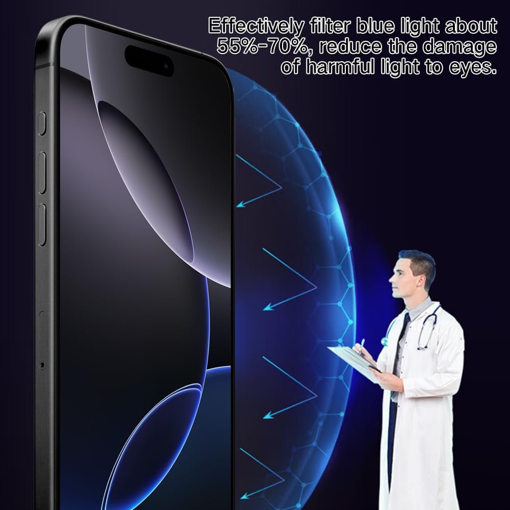 Lot de 2 films de protection d'écran PERFECTSIGHT en verre trempé saphir compatibles avec l'iPhone 16 Pro Max, protection d'écran anti-lumière bleue 6,9 pouces 2024, [Protection oculaire de qualité médicale] Filtre HD 6 radiations 10 fois incassable