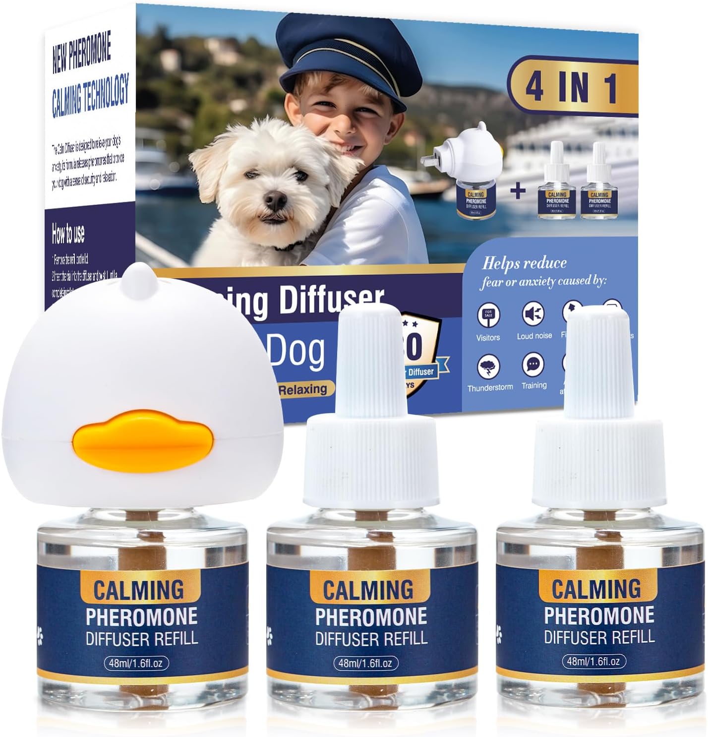 Dog Pheromone Calming Diffuser 4 In 1 Appeasing Pet Pheromones Diffuser to Calm Kit (Plug in  3 Pack 48ml Refill) for Anxiety Relief Reduce Barking Aggression Fighting Stress 90 Day Supply(Tasteless) · v3