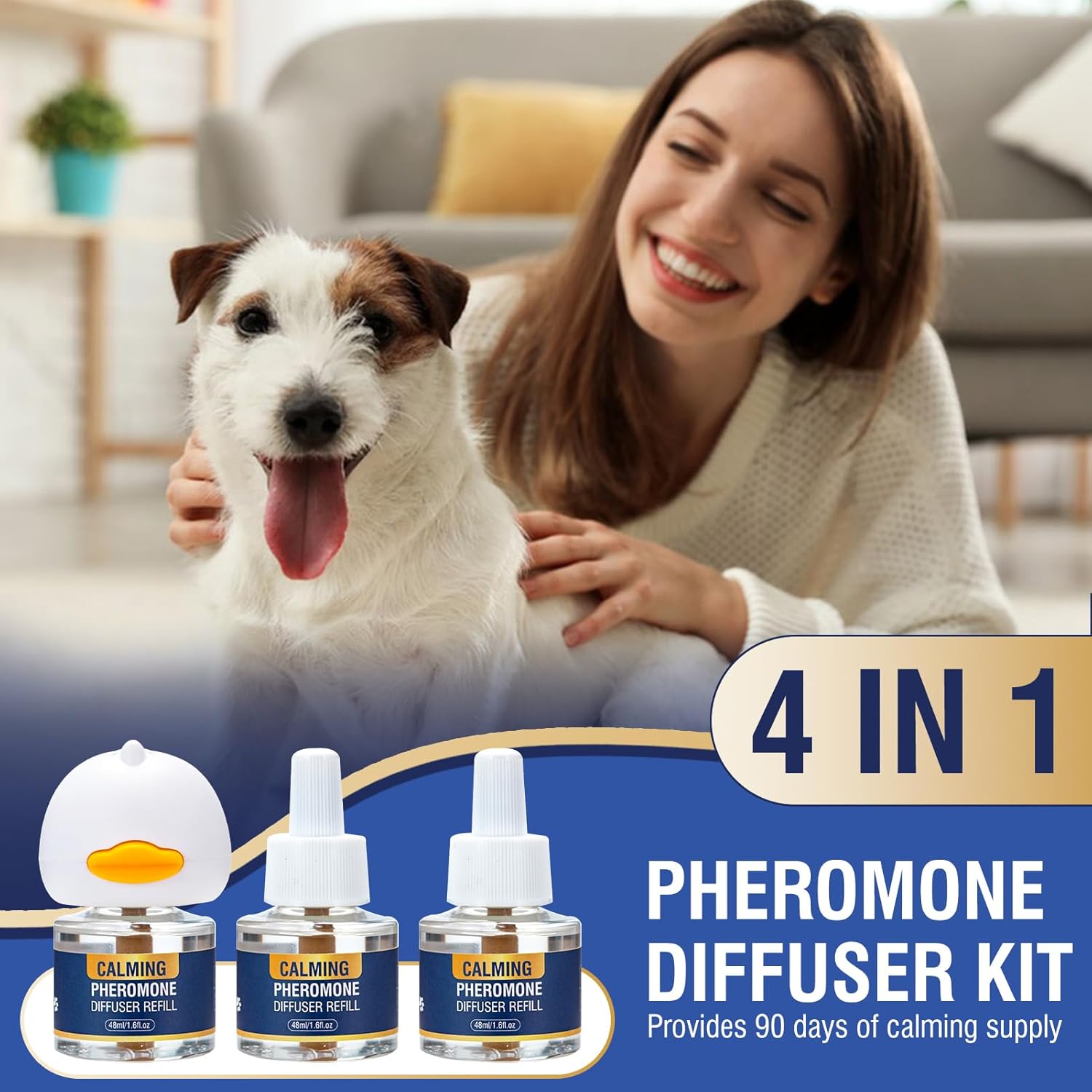 Dog Pheromone Calming Diffuser 4 In 1 Appeasing Pet Pheromones Diffuser to Calm Kit (Plug in  3 Pack 48ml Refill) for Anxiety Relief Reduce Barking Aggression Fighting Stress 90 Day Supply(Tasteless) · v3