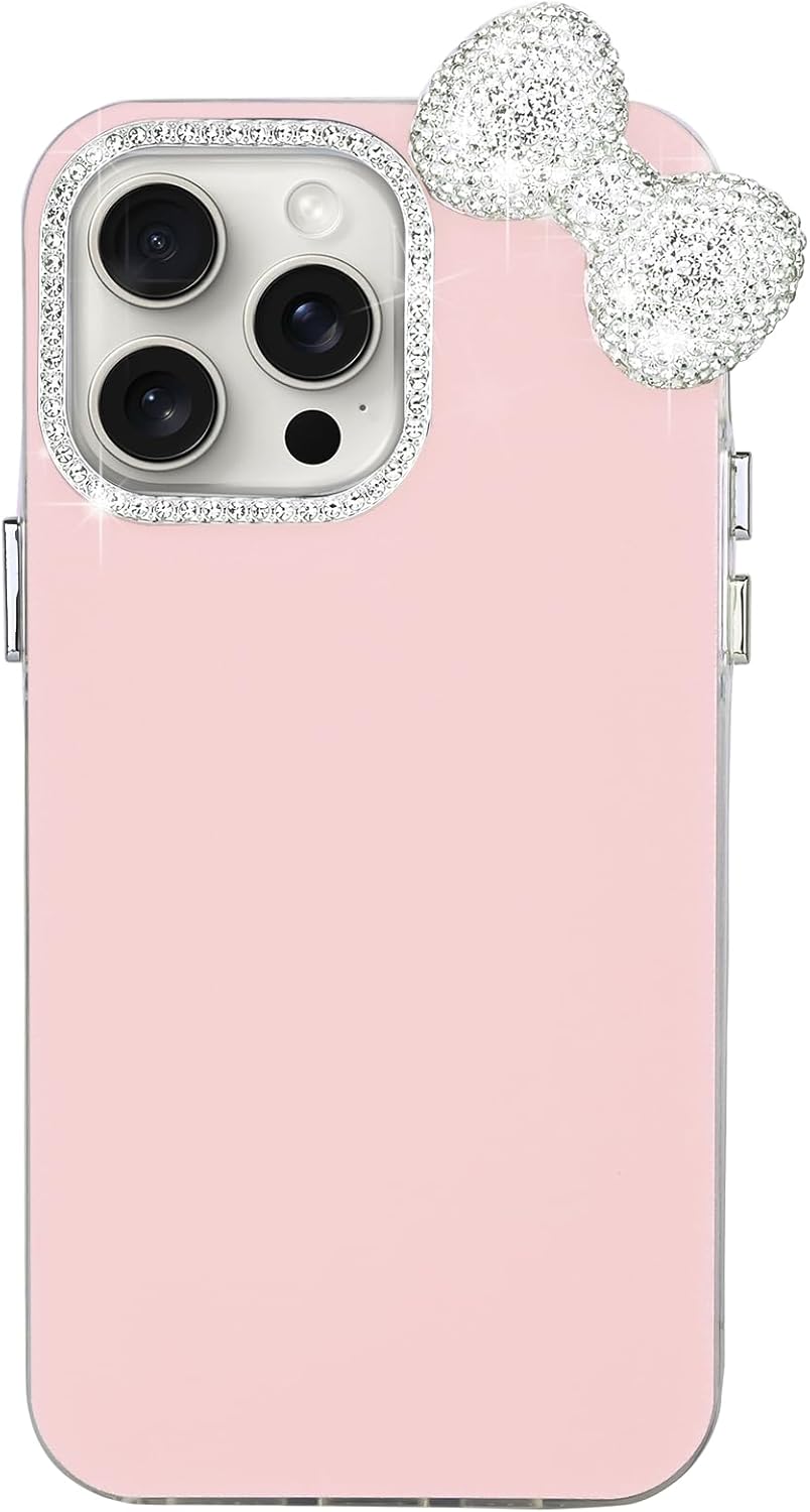 Simpatiche custodie per iPhone 13 Pro Max con protezione per fotocamera Glitter Diamond, lussuosa custodia protettiva rigida per telefono con fiocco in strass per ragazze e donne