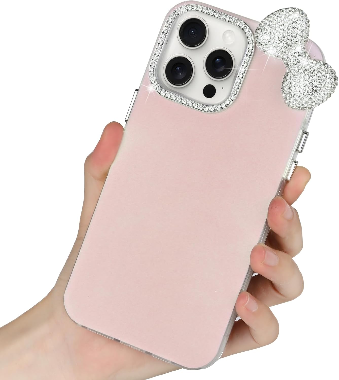 Simpatiche custodie per iPhone 13 Pro Max con protezione per fotocamera Glitter Diamond, lussuosa custodia protettiva rigida per telefono con fiocco in strass per ragazze e donne