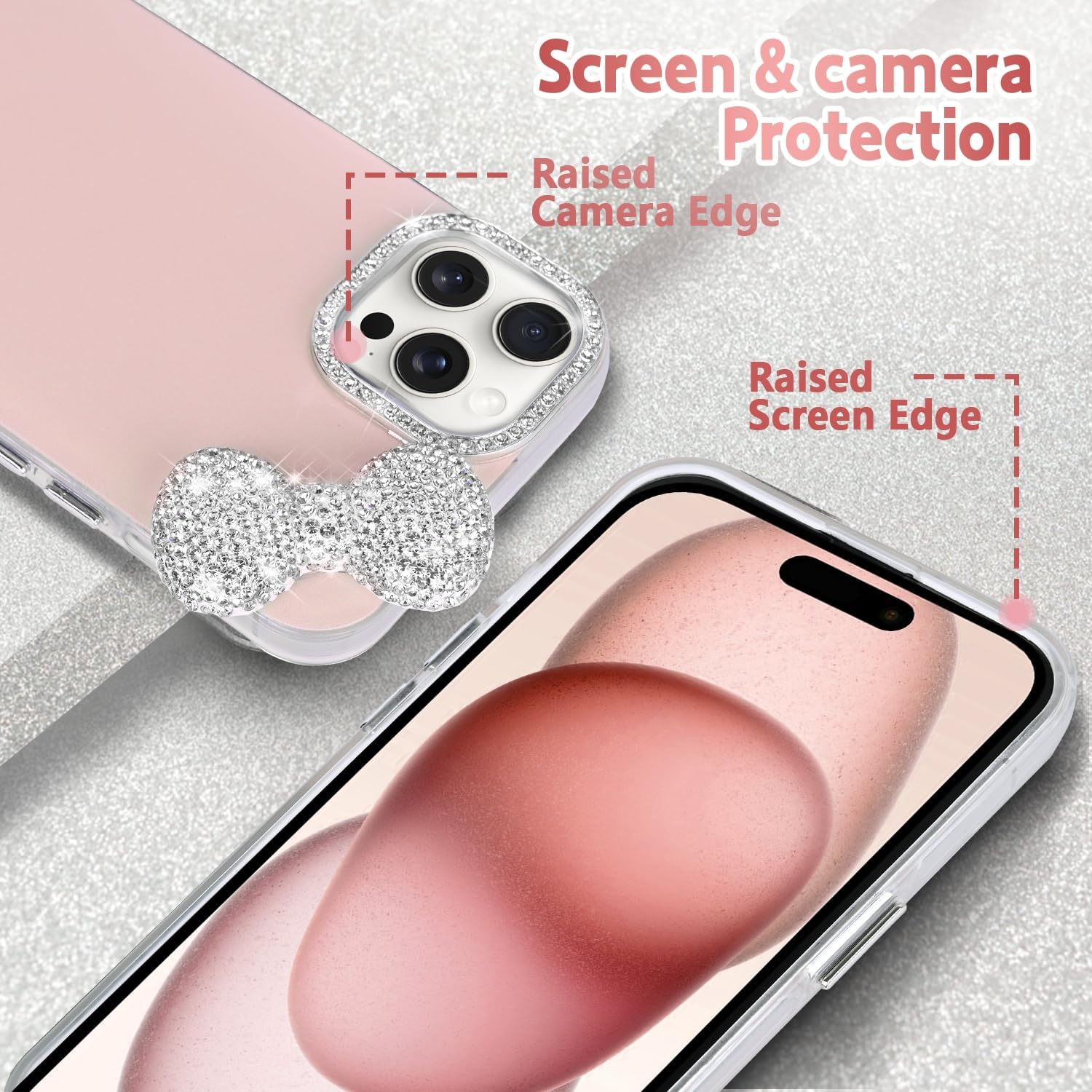 Simpatiche custodie per iPhone 13 Pro Max con protezione per fotocamera Glitter Diamond, lussuosa custodia protettiva rigida per telefono con fiocco in strass per ragazze e donne