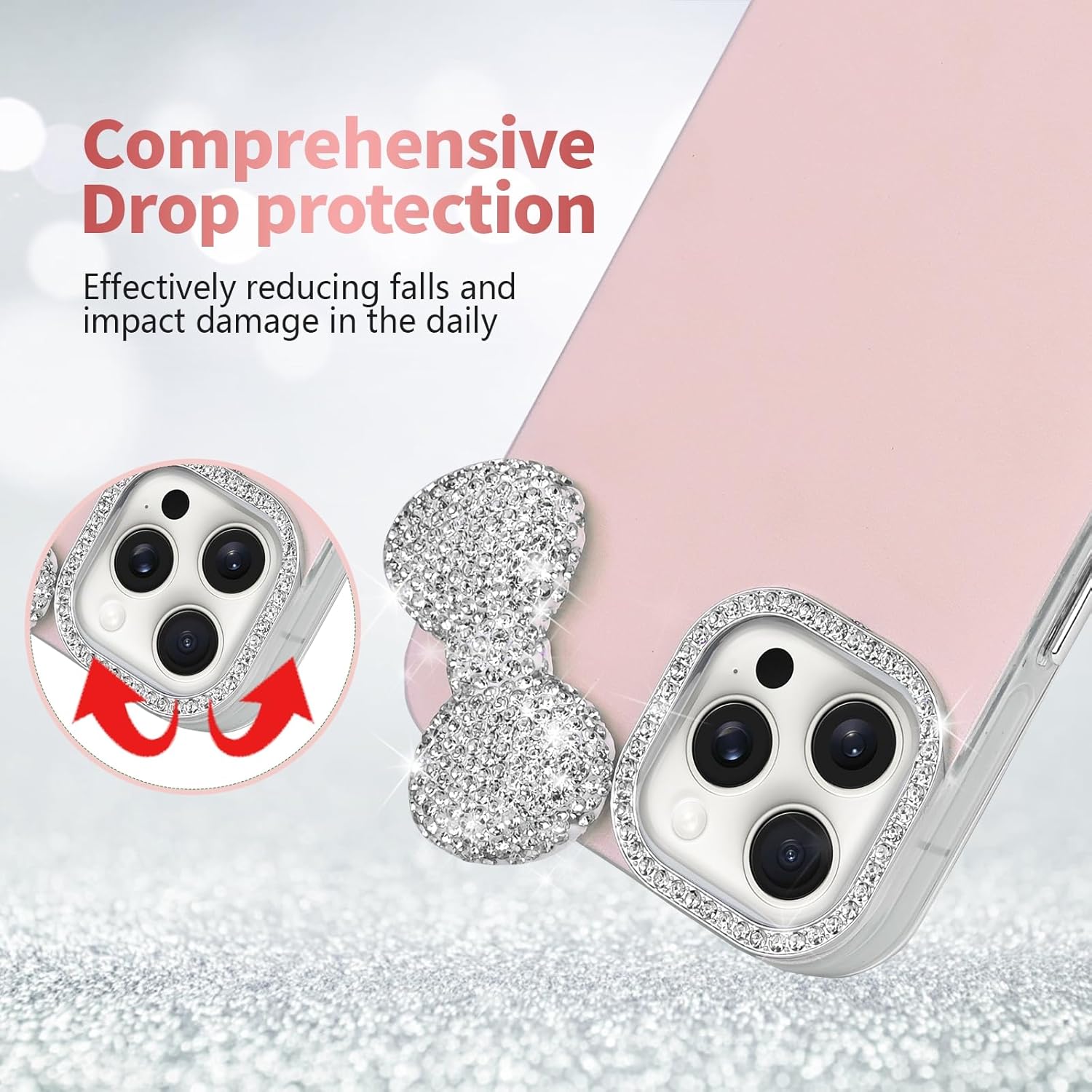 Simpatiche custodie per iPhone 13 Pro Max con protezione per fotocamera Glitter Diamond, lussuosa custodia protettiva rigida per telefono con fiocco in strass per ragazze e donne