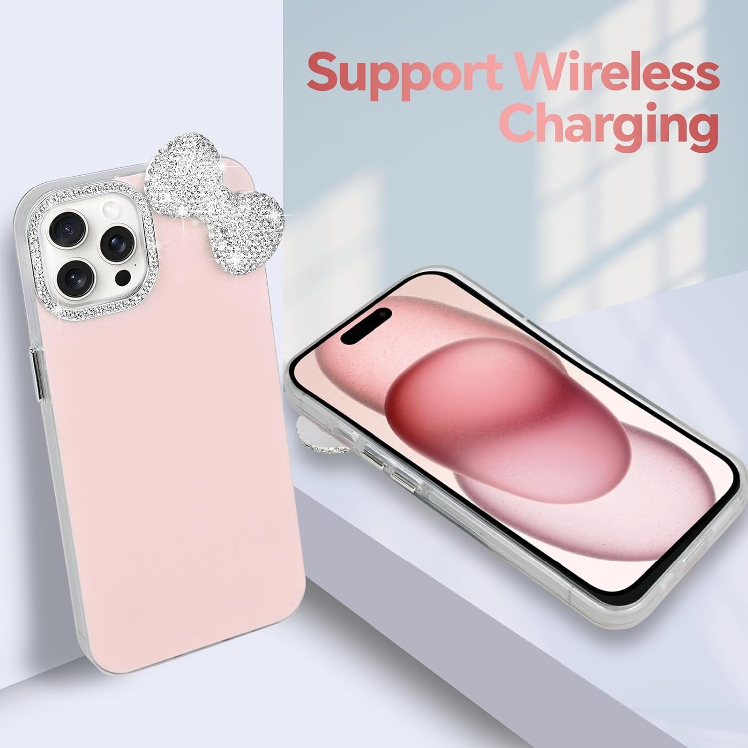 Simpatiche custodie per iPhone 13 Pro Max con protezione per fotocamera Glitter Diamond, lussuosa custodia protettiva rigida per telefono con fiocco in strass per ragazze e donne