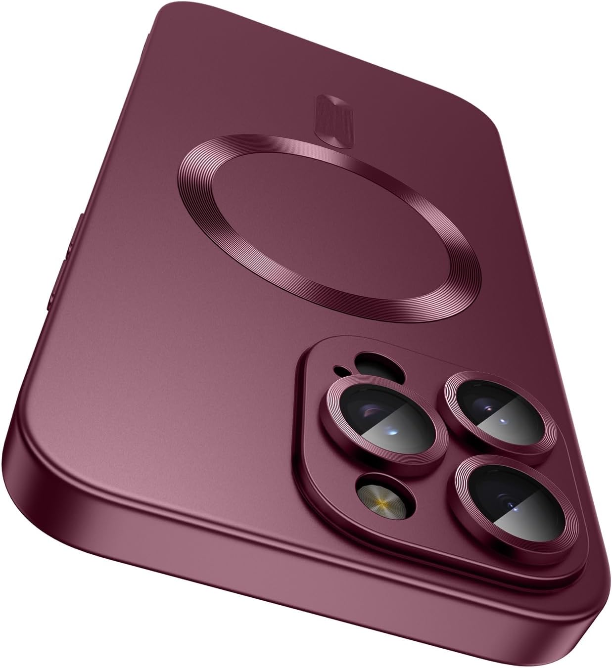 Custodia magnetica per iPhone 16 Pro [compatibile con MagSafe] [Protezione per obiettivo fotocamera integrata] Custodia metallica antiurto in silicone sottile e morbido (bordeaux)