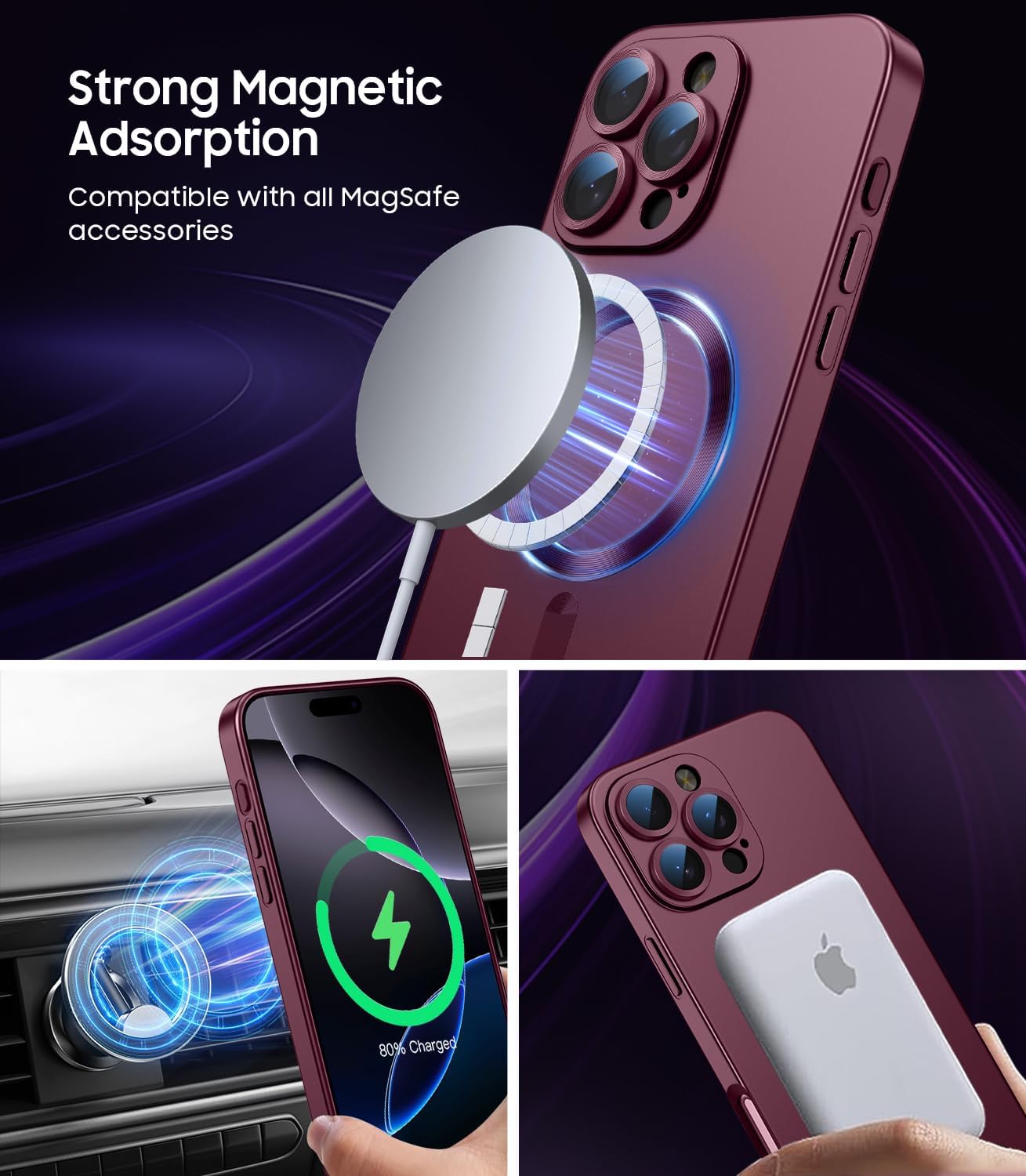 Custodia magnetica per iPhone 16 Pro [compatibile con MagSafe] [Protezione per obiettivo fotocamera integrata] Custodia metallica antiurto in silicone sottile e morbido (bordeaux)