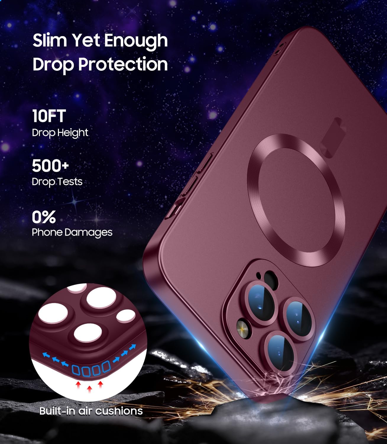 Custodia magnetica per iPhone 16 Pro [compatibile con MagSafe] [Protezione per obiettivo fotocamera integrata] Custodia metallica antiurto in silicone sottile e morbido (bordeaux)