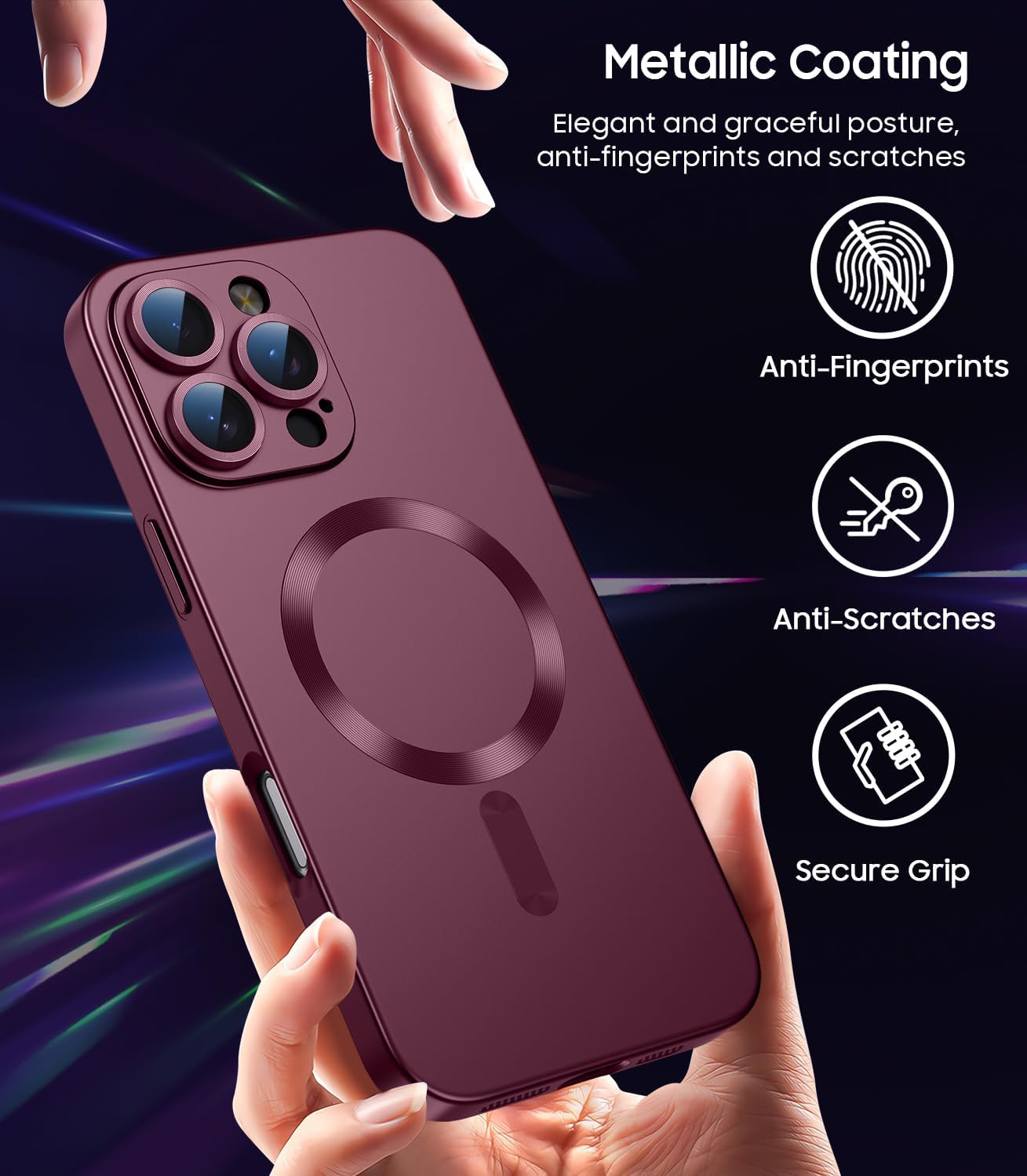 Custodia magnetica per iPhone 16 Pro [compatibile con MagSafe] [Protezione per obiettivo fotocamera integrata] Custodia metallica antiurto in silicone sottile e morbido (bordeaux)