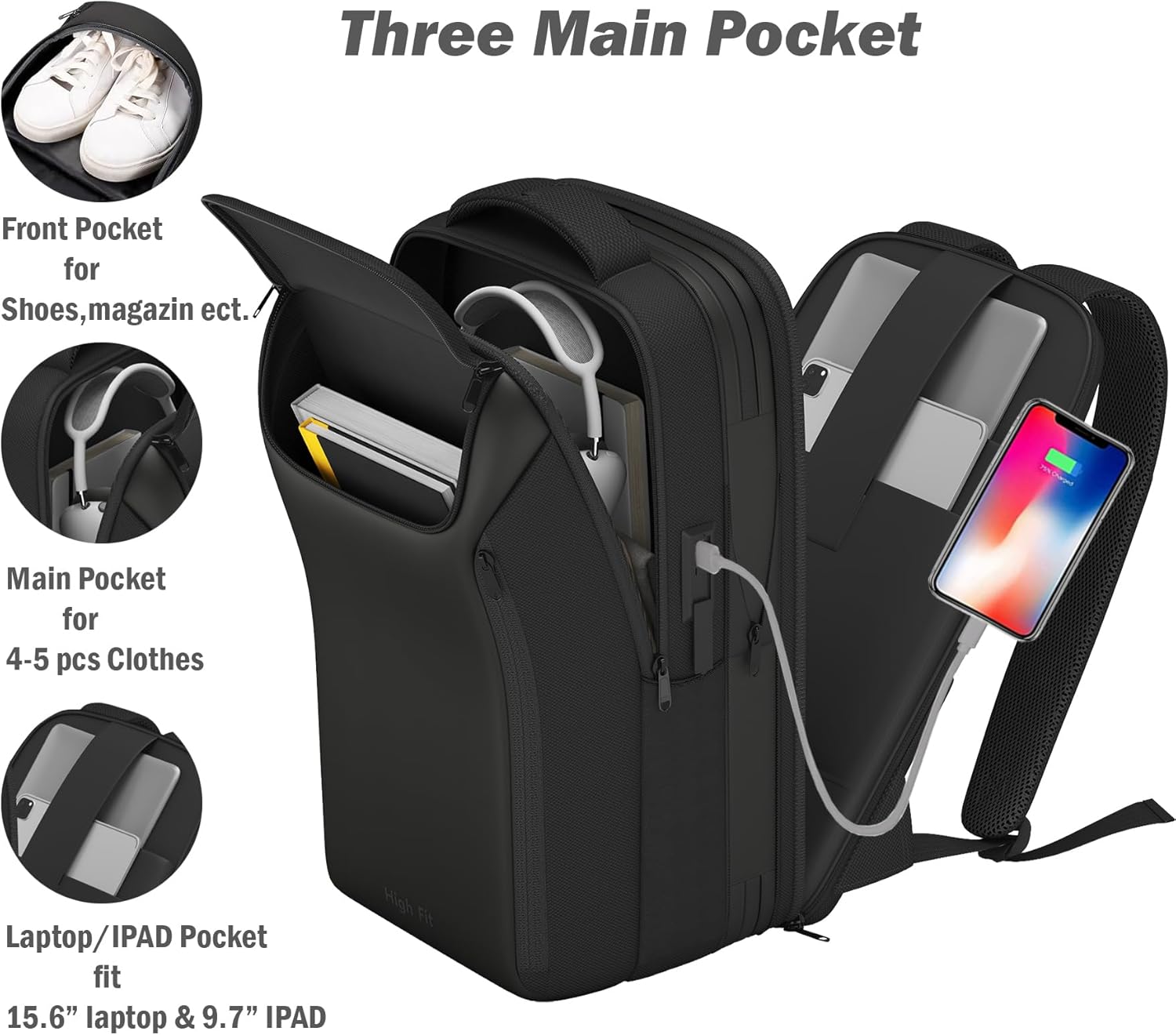 Genişletilebilir Seyahat Sırt Çantası, İş Dizüstü Bilgisayar Sırt Çantası, USB Şarj Bağlantı Noktalı TSA-Flight Onaylı Sırt Çantası, Erkekler Kadınlar için 15.6 İnç Dizüstü Bilgisayara uyar