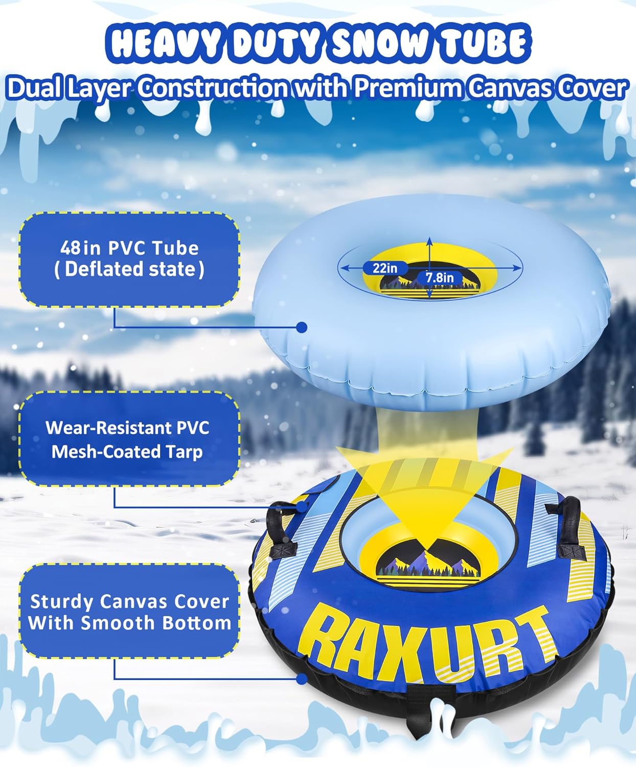 Raxurt Heavy Duty sneeuwbuis met hoogwaardige canvashoes voor kinderen en volwassenen, opblaasbare sneeuwslee van 48 cm, gemaakt van Thickened Bottom, sleeën, leuk speelgoed voor buiten, voor kinderen, jongens en meisjes
