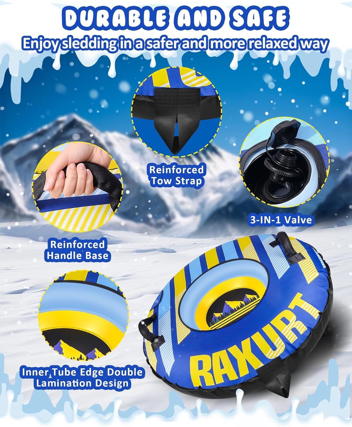 Raxurt Heavy Duty sneeuwbuis met hoogwaardige canvashoes voor kinderen en volwassenen, opblaasbare sneeuwslee van 48 cm, gemaakt van Thickened Bottom, sleeën, leuk speelgoed voor buiten, voor kinderen, jongens en meisjes