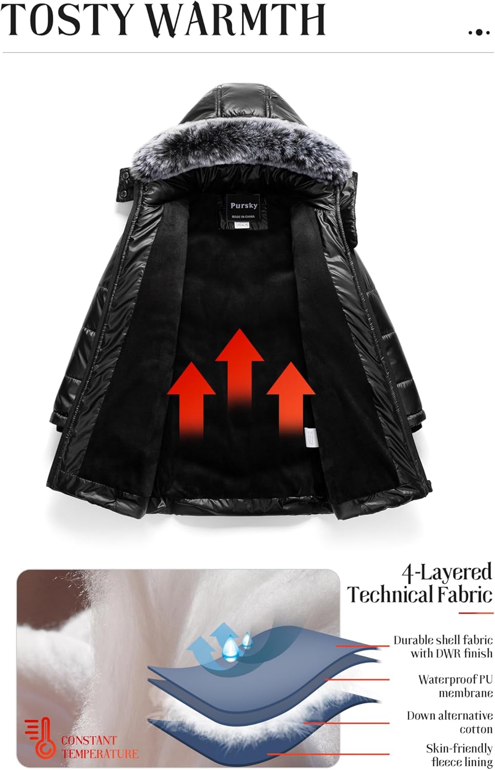 Pursky Girls Warm Winter Coat Long Parka Fleece Lined Waterproof Puffer Jacket With Removable Hood