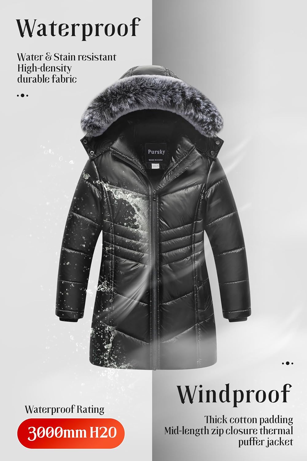 Pursky Girls Warm Winter Coat Long Parka Fleece Lined Waterproof Puffer Jacket With Removable Hood