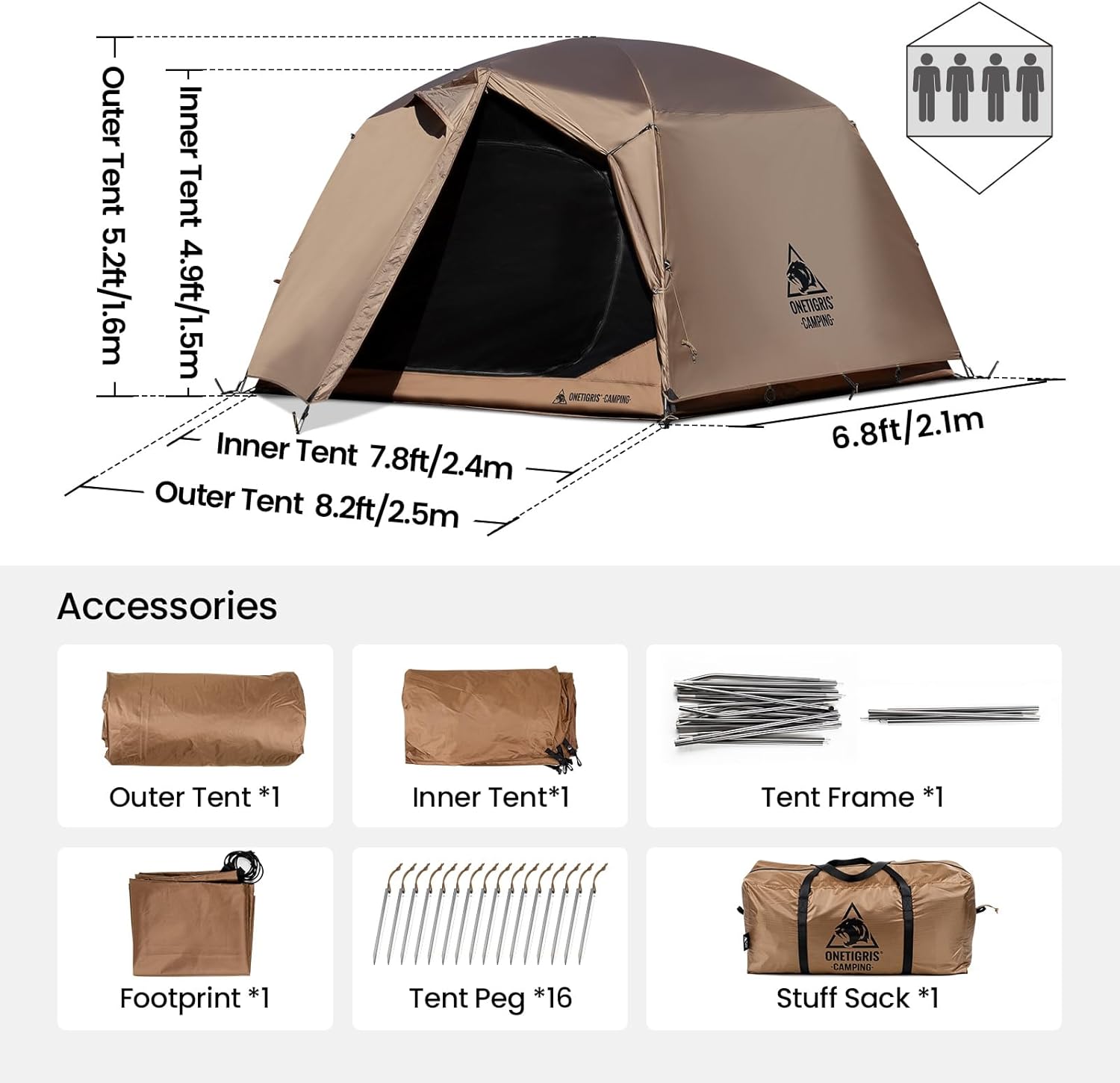 Tienda de campaña OneTigris JOVIAN para 4 personas, tienda de campaña familiar para 3 estaciones, fácil de configurar, refugio para mochileros al aire libre con lona exterior de 2000 mm, base de tienda de campaña de 5000 mm, alfombrilla impermeable