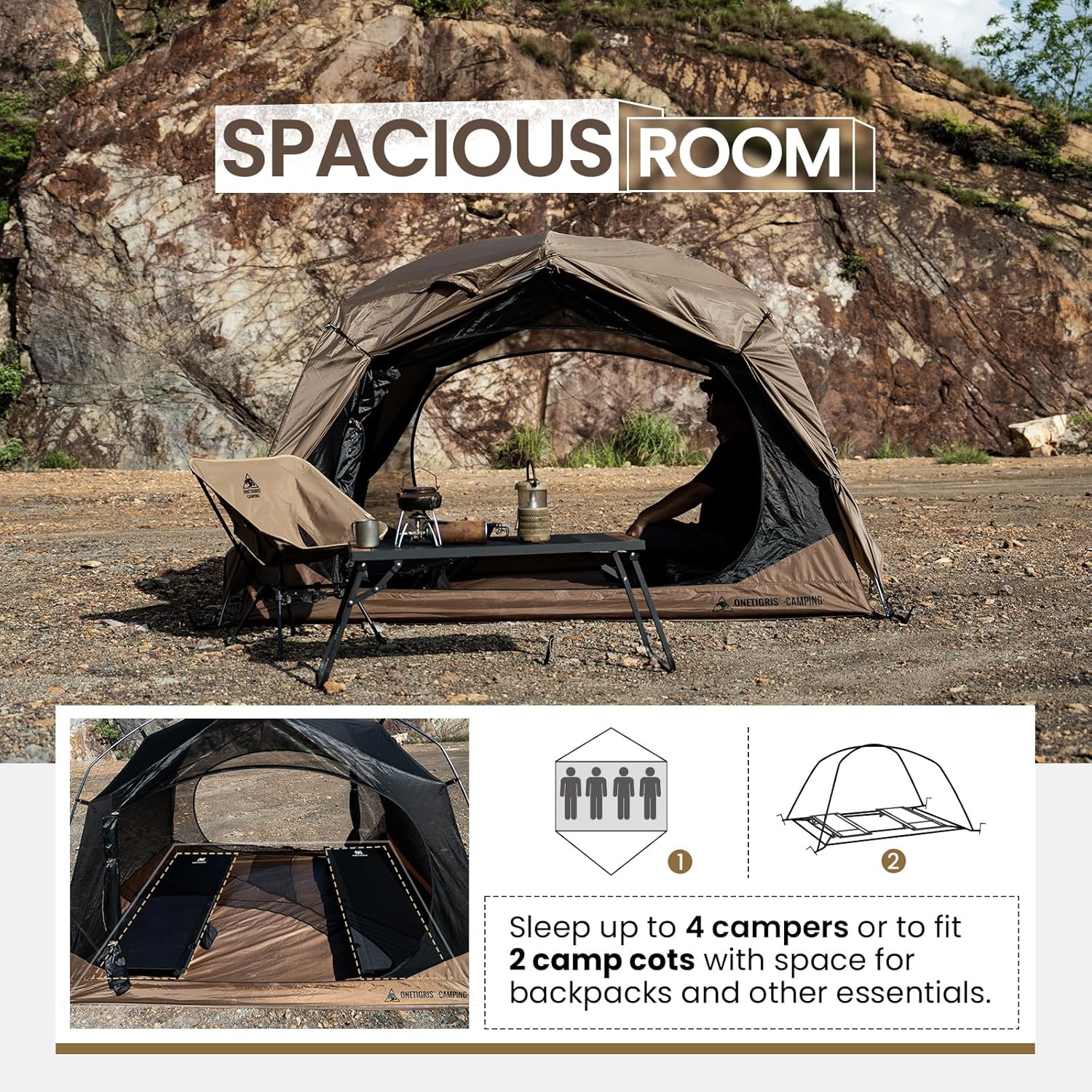 Tienda de campaña OneTigris JOVIAN para 4 personas, tienda de campaña familiar para 3 estaciones, fácil de configurar, refugio para mochileros al aire libre con lona exterior de 2000 mm, base de tienda de campaña de 5000 mm, alfombrilla impermeable