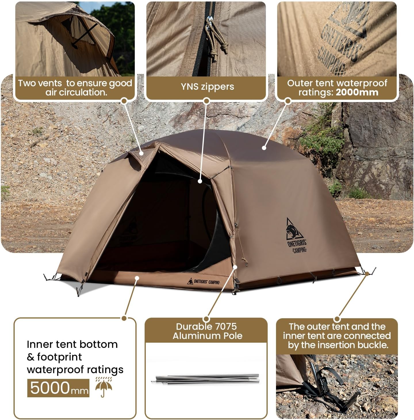 Tienda de campaña OneTigris JOVIAN para 4 personas, tienda de campaña familiar para 3 estaciones, fácil de configurar, refugio para mochileros al aire libre con lona exterior de 2000 mm, base de tienda de campaña de 5000 mm, alfombrilla impermeable