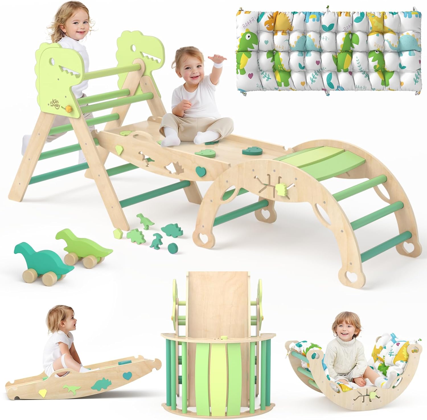 Pikler Triangle Set with Cushion 9 in 1 Climbing Toys for Toddlers 1-3 Indoor Baby Climbing Gym Toddler Montessori Toys Wooden Climbing Toys with Maze Toys, Shape Sorting Toys, Dinosaur Car · v3