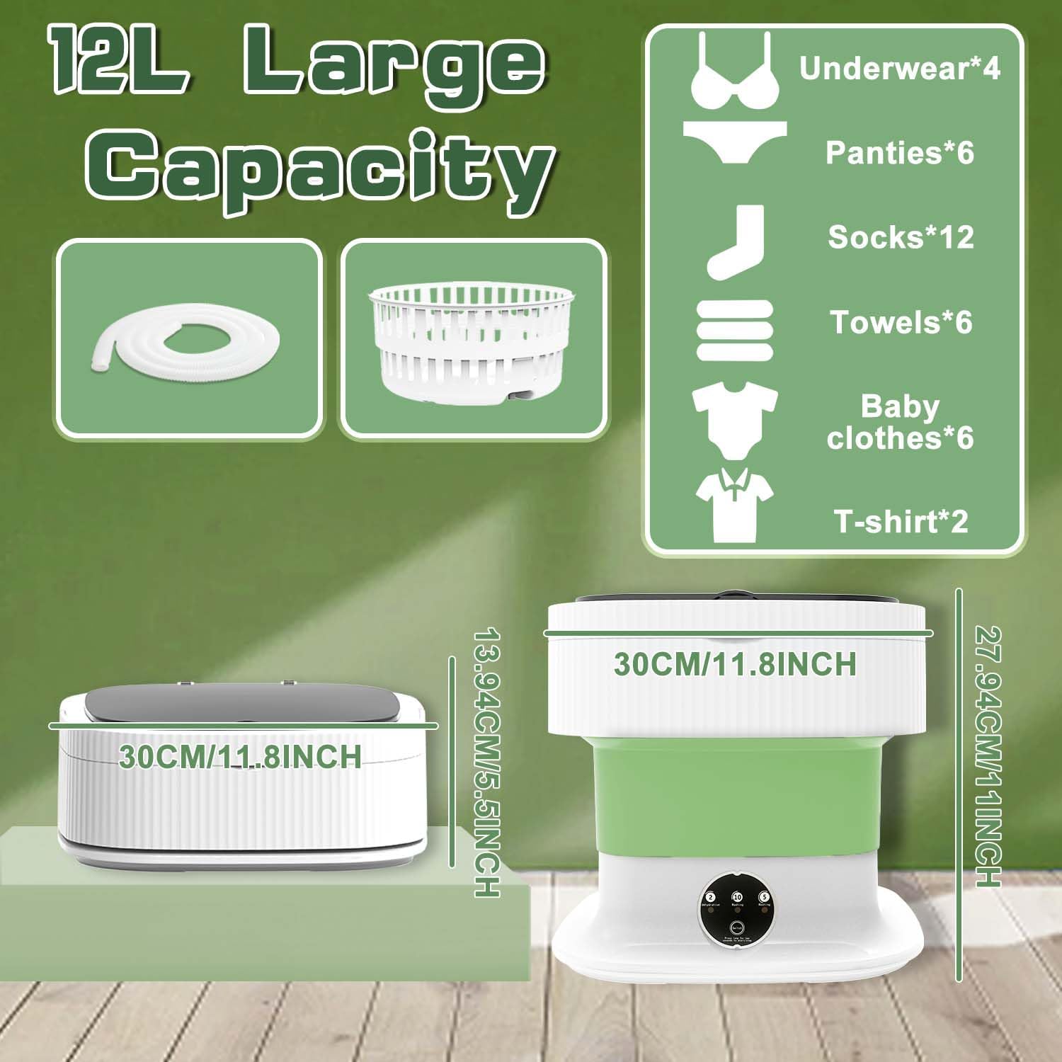 Mini lavatrice e asciugatrice pieghevoli da 11 litri, mini lavatrice pieghevole per biancheria intima, vestiti per bambini (verde)