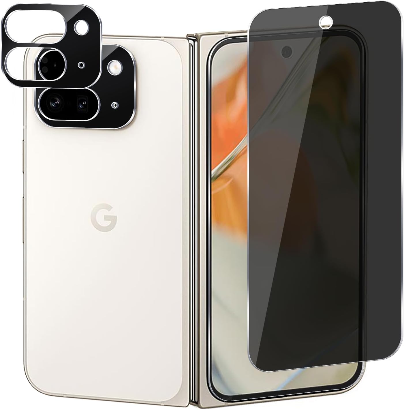 Google Pixel 9 Pro Fold 프라이버시 전면 강화 유리 스크린 보호 필름 2팩 및 카메라 렌즈 보호 필름 2팩, 안티 스파이 [안티 스크래치] HD 선명도 9H 경도 [거품 없음]