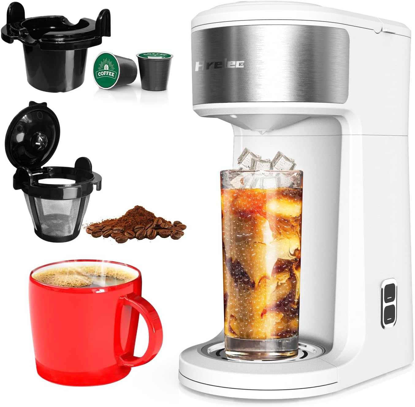 เครื่องชงกาแฟ K Cup 2-in-1 เครื่องชงกาแฟแบบเสิร์ฟเย็นสำหรับแคปซูลและกาแฟบด เครื่องชงกาแฟขนาดเล็กแบบ 1 ถ้วยพร้อมฟังก์ชันทำความสะอาดตัวเอง ขนาดการชง 8-14 ออนซ์