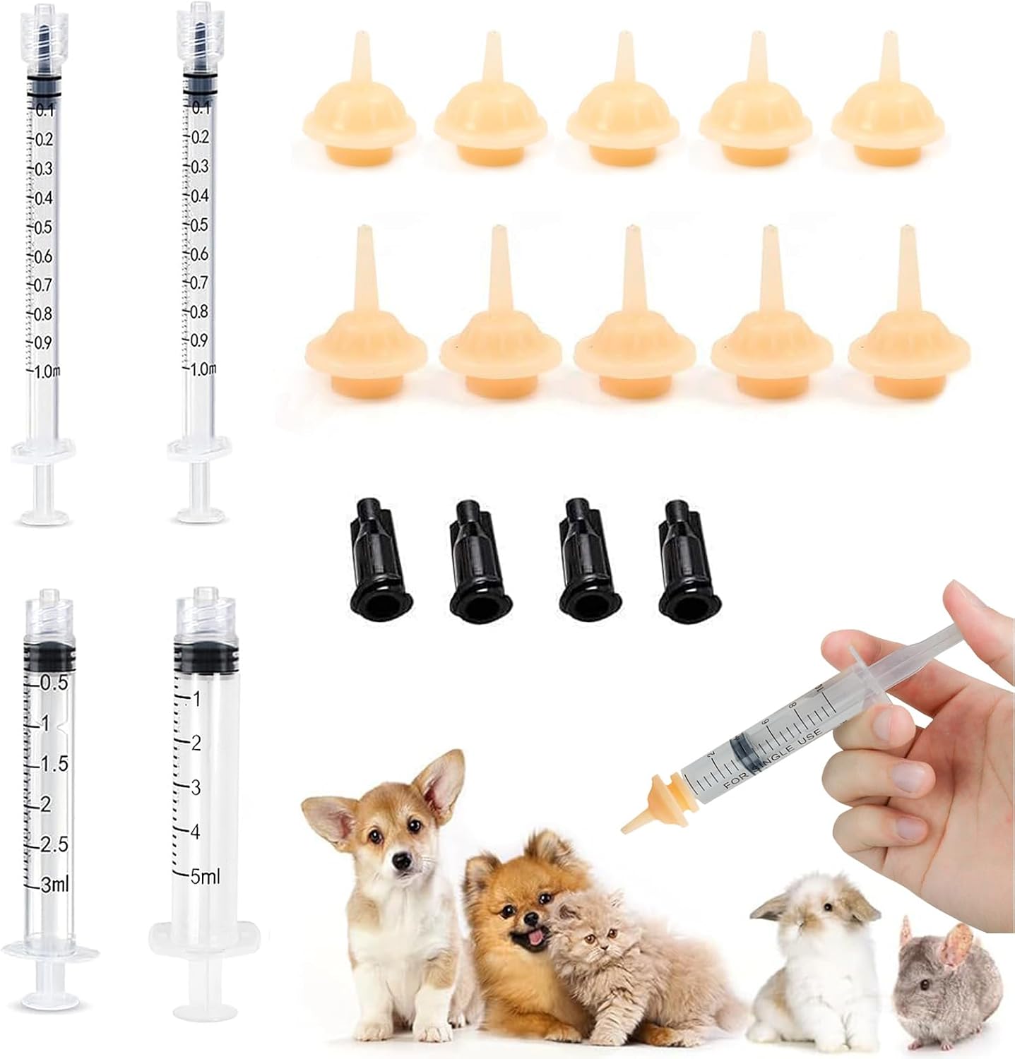 18PCS Kitten Feeding Nipples and Nursing Syringe, 10PCS Miracle Nipple for Kittens with 4 Pcs O-Ring Syringe (1 3 5cc), Reusable Newborn Pet Supplies for Kittens/Small Breed Puppies/Squirrels.