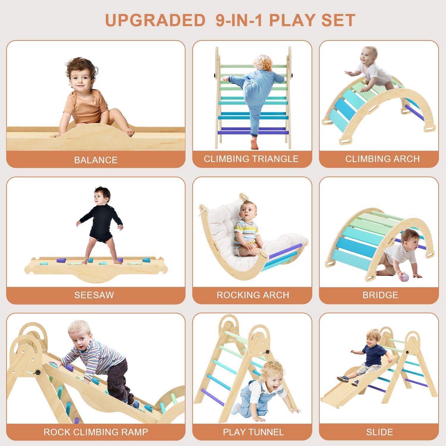 Pikler Triangle Set with Cushion, Toddler Climbing Toys Indoor, Baby Climbing Gym, Climbing Toys for Toddlers 1-3 Inside, Montessori Climbing Set, 9 Combinations Indoor Playground Jungle Gyms · v4