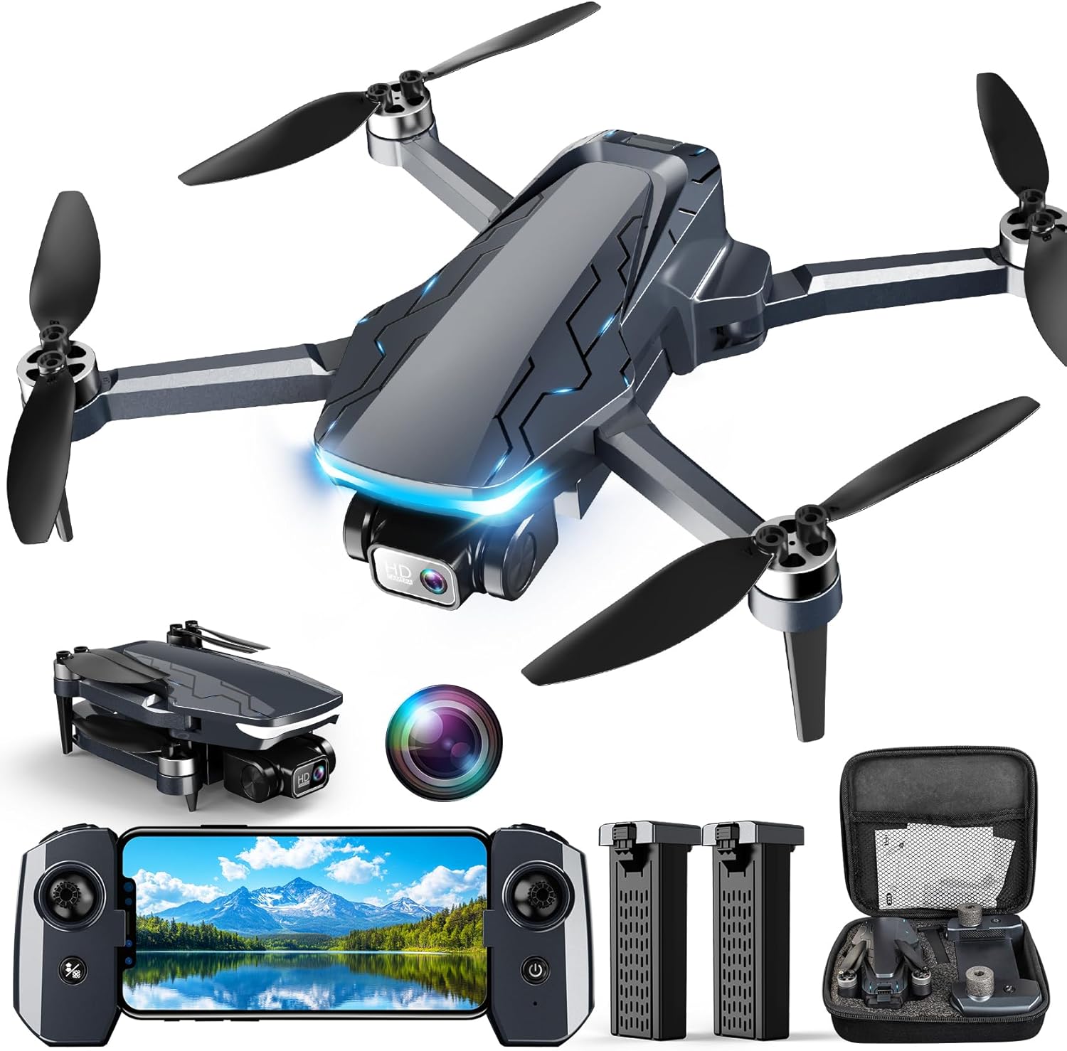 Drone con fotocamera, drone FPV 2K HD con motore brushless, 360° Flip, Waypoint Fly, Selfie gestuale, decollo/atterraggio con un tasto, mini drone pieghevole per principianti