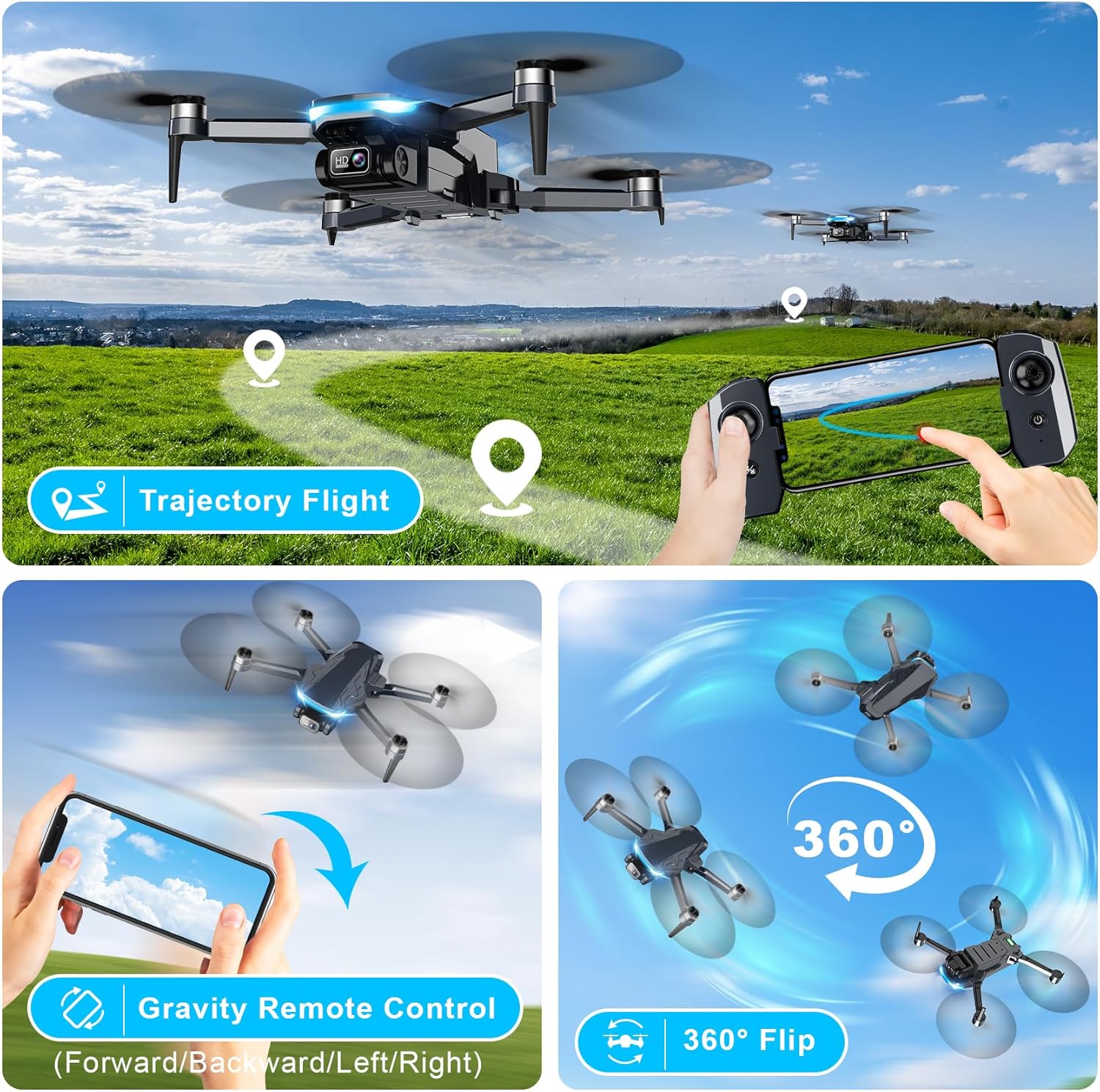 Drone with Camera, 2K HD FPV Drone with Brushless Motor, 360°Flip, Waypoint Fly, Gesture Selfie, One Key Take Off/Landing, Foldable Mini Drone for Beginners · v4