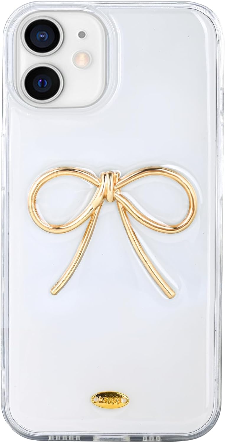 Designed for iPhone 12 Cases with Camera Lens Protection, Cute 3D Metal Bow Phone Cover Clear Soft Protective Case for iPhone 12 Case (Golden) · v2
