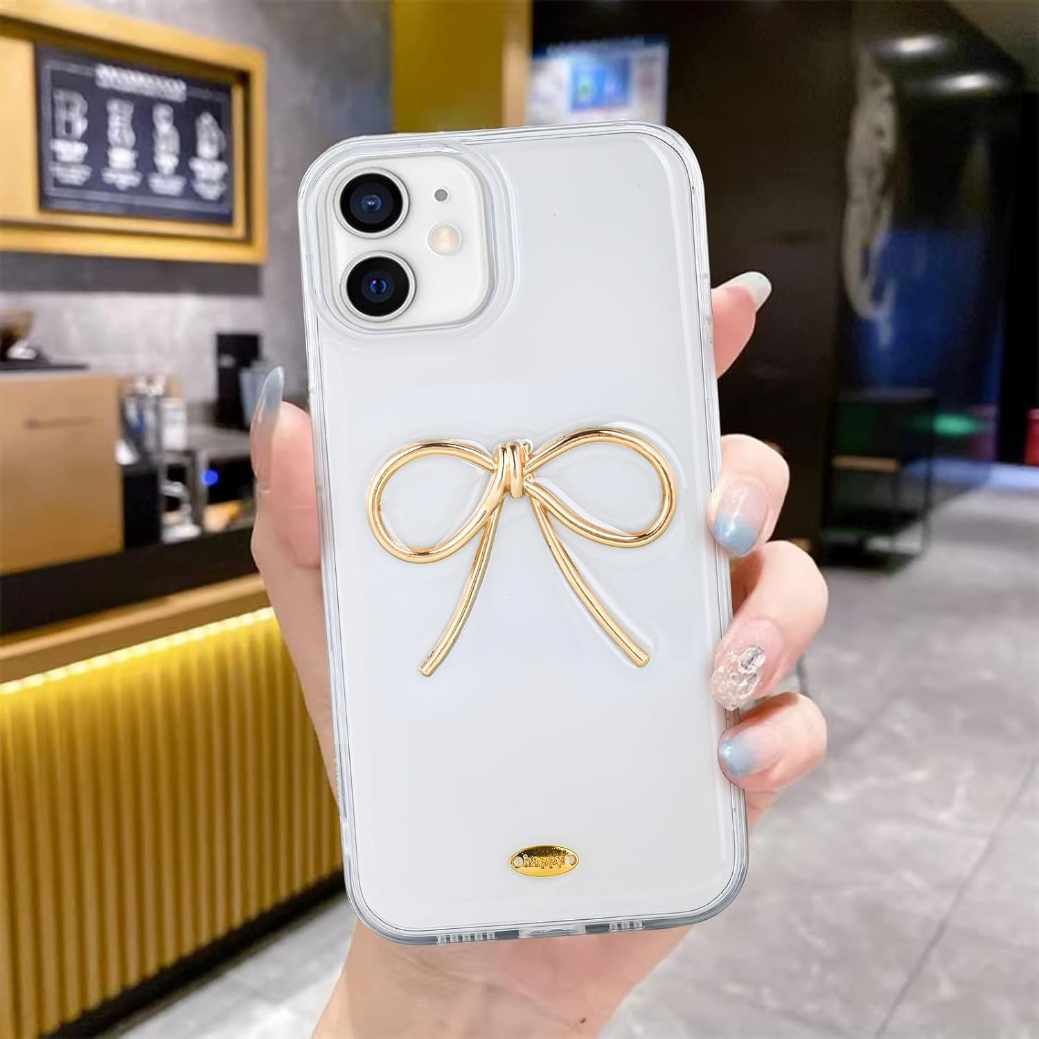 Designed for iPhone 12 Cases with Camera Lens Protection, Cute 3D Metal Bow Phone Cover Clear Soft Protective Case for iPhone 12 Case (Golden) · v2
