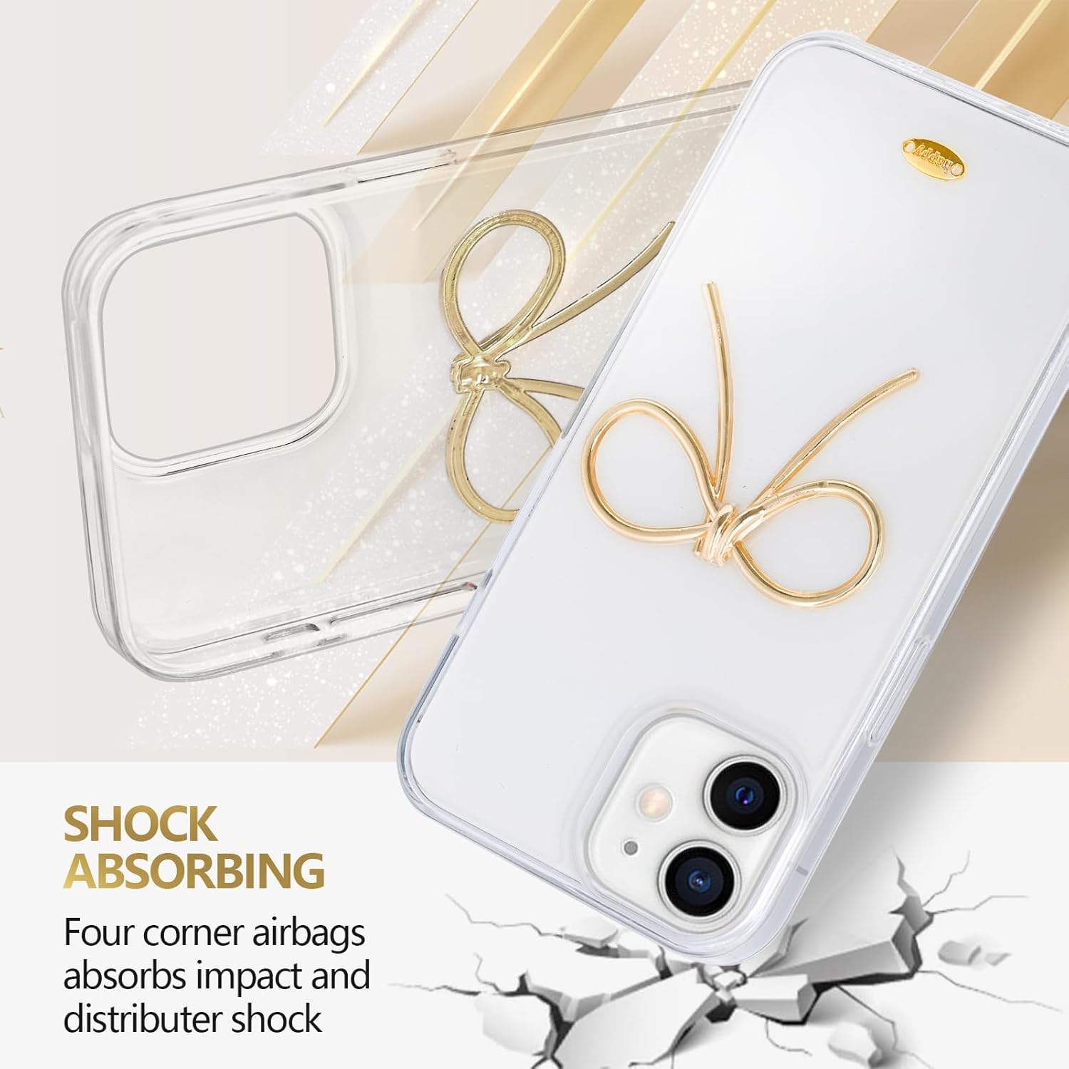 Designed for iPhone 12 Cases with Camera Lens Protection, Cute 3D Metal Bow Phone Cover Clear Soft Protective Case for iPhone 12 Case (Golden) · v2