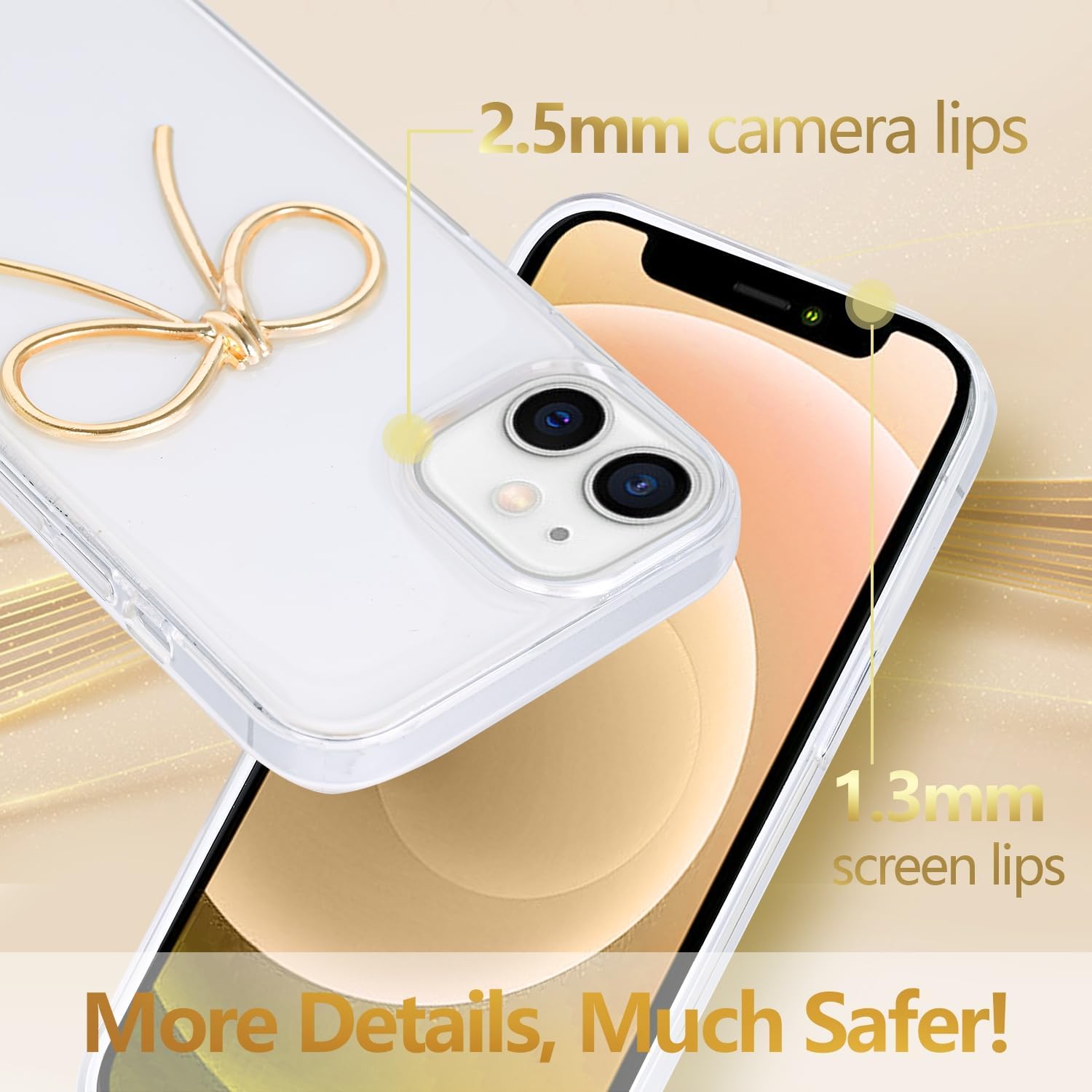 Designed for iPhone 12 Cases with Camera Lens Protection, Cute 3D Metal Bow Phone Cover Clear Soft Protective Case for iPhone 12 Case (Golden) · v2