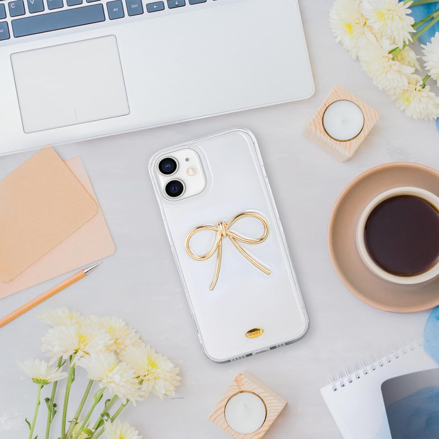 Designed for iPhone 12 Cases with Camera Lens Protection, Cute 3D Metal Bow Phone Cover Clear Soft Protective Case for iPhone 12 Case (Golden) · v2
