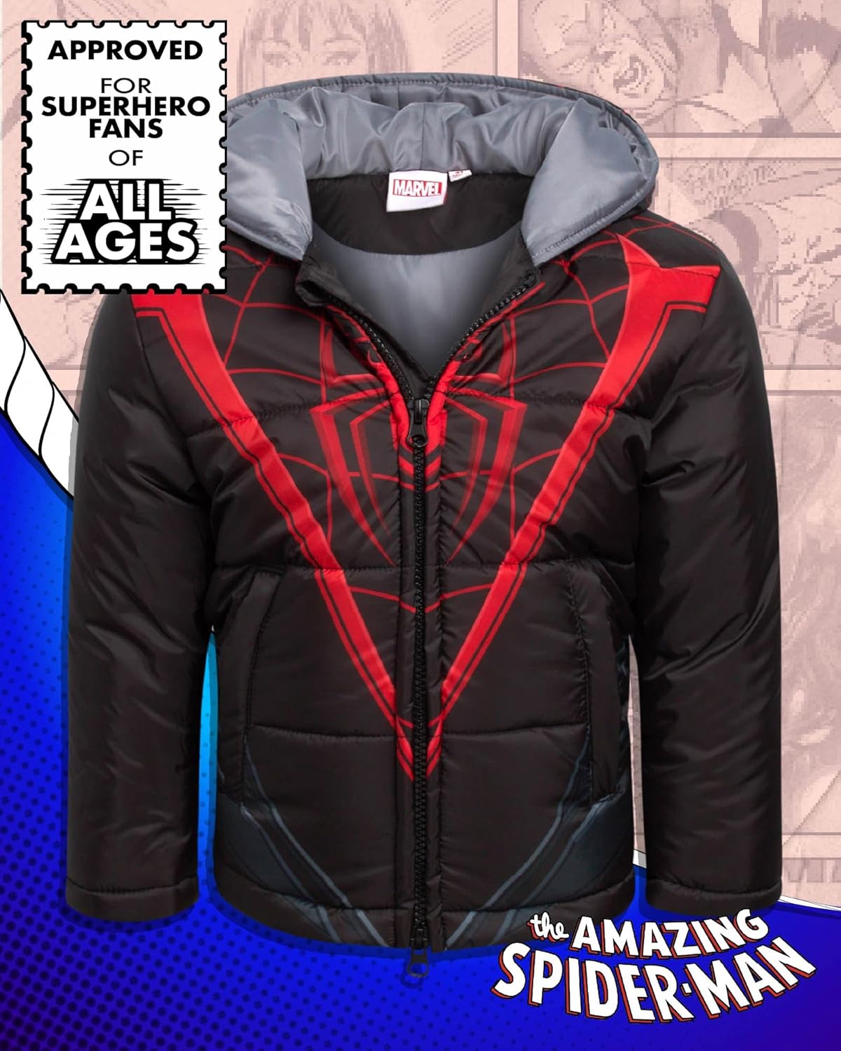 Marvel Little Boys Puffer Jacket - Spider-Man, Miles, and Spider Gwen Zip Up Hooded Bubble Puffer Jackets (2T-7)