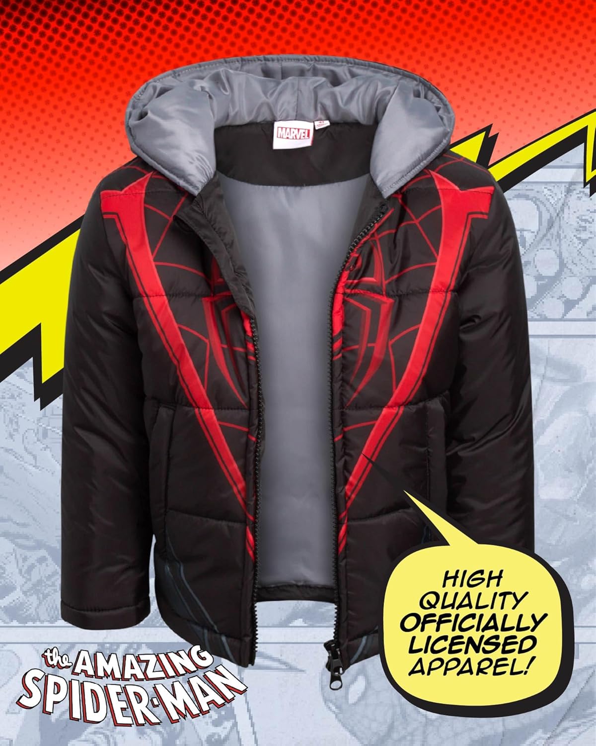 Marvel Little Boys Puffer Jacket - Spider-Man, Miles, and Spider Gwen Zip Up Hooded Bubble Puffer Jackets (2T-7)