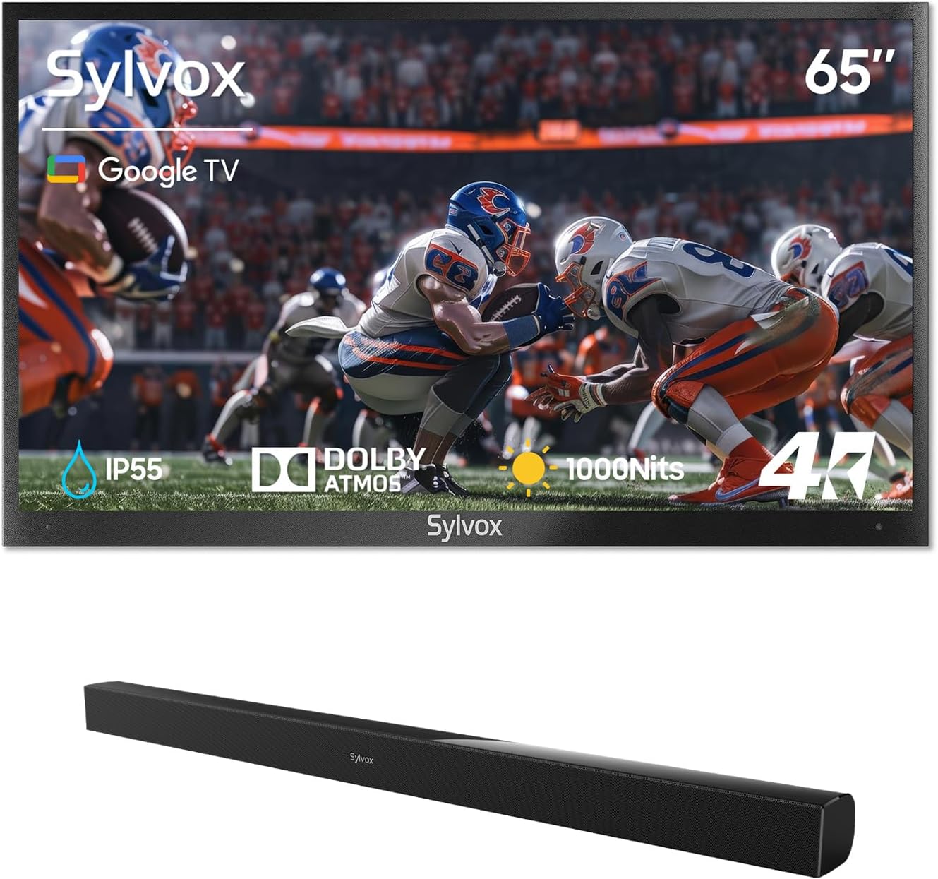 SYLVOX 65인치 사운드바가 있는 야외용 TV, 4K, HDR 10, 방수, 1000니트, 음성 지원 리모컨, 부분적 태양 지역용(Deck Pro 2.0, 최신 모델)