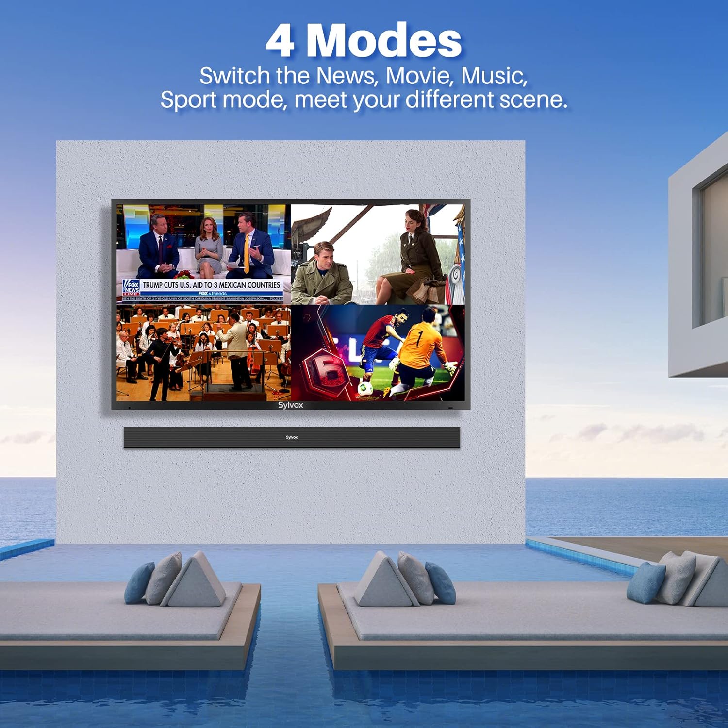 TV per esterni SYLVOX da 65 pollici con soundbar, 4K, HDR 10, resistente alle intemperie, 1000 nits, telecomando con assistente vocale, per aree solari parziali (Deck Pro 2.0, ultimo modello)