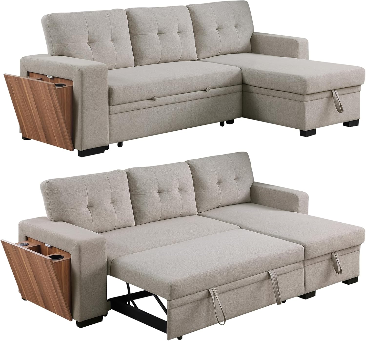 HHOK 5-in-1 L Shaped Convertible Pull Out Sectional Sleeper Sofa Bed for Living Room Furniture Sets, Comfy Couch with Side Open Cup Holder, USB Port, Reversible Storage Chaise Bench - Light Gray Sofá · v2