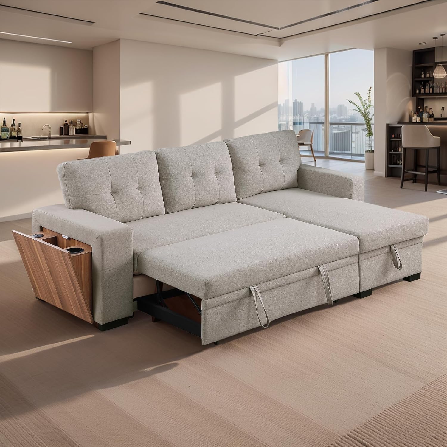 HHOK 5-in-1 L Shaped Convertible Pull Out Sectional Sleeper Sofa Bed for Living Room Furniture Sets, Comfy Couch with Side Open Cup Holder, USB Port, Reversible Storage Chaise Bench - Light Gray Sofá · v2