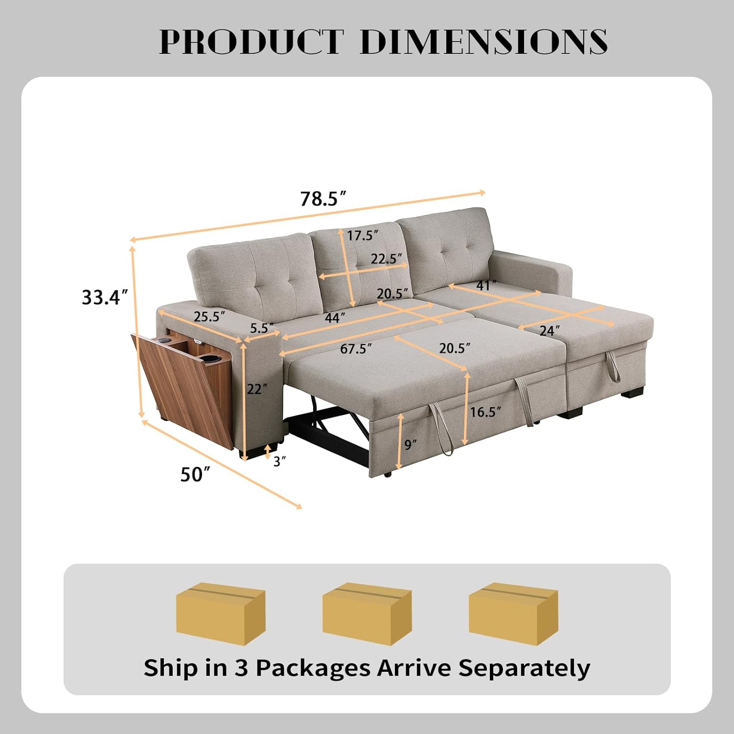HHOK 5-in-1 L Shaped Convertible Pull Out Sectional Sleeper Sofa Bed for Living Room Furniture Sets, Comfy Couch with Side Open Cup Holder, USB Port, Reversible Storage Chaise Bench - Light Gray Sofá · v2